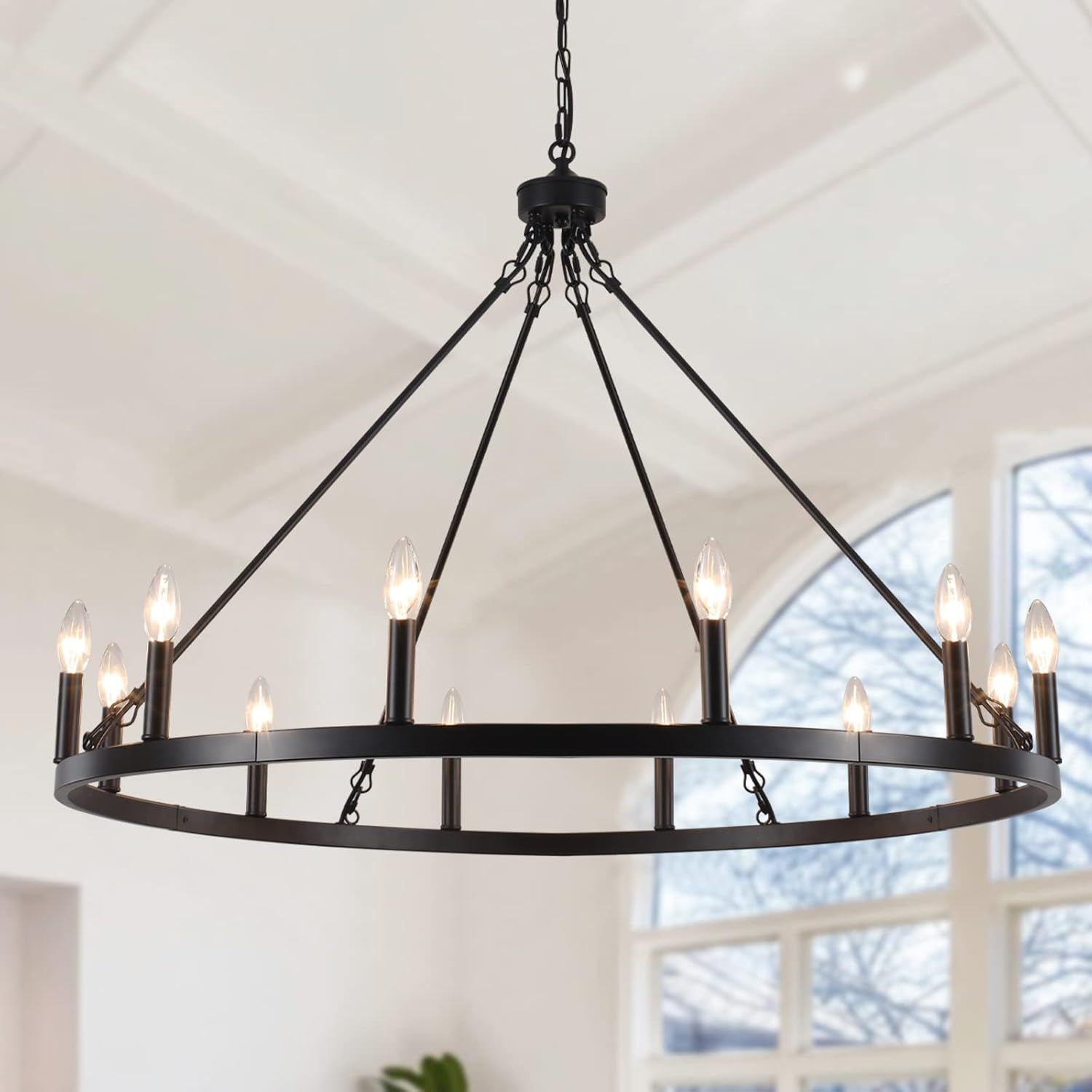 Black 38" Wagon Wheel 12-Light Industrial Farmhouse Chandelier