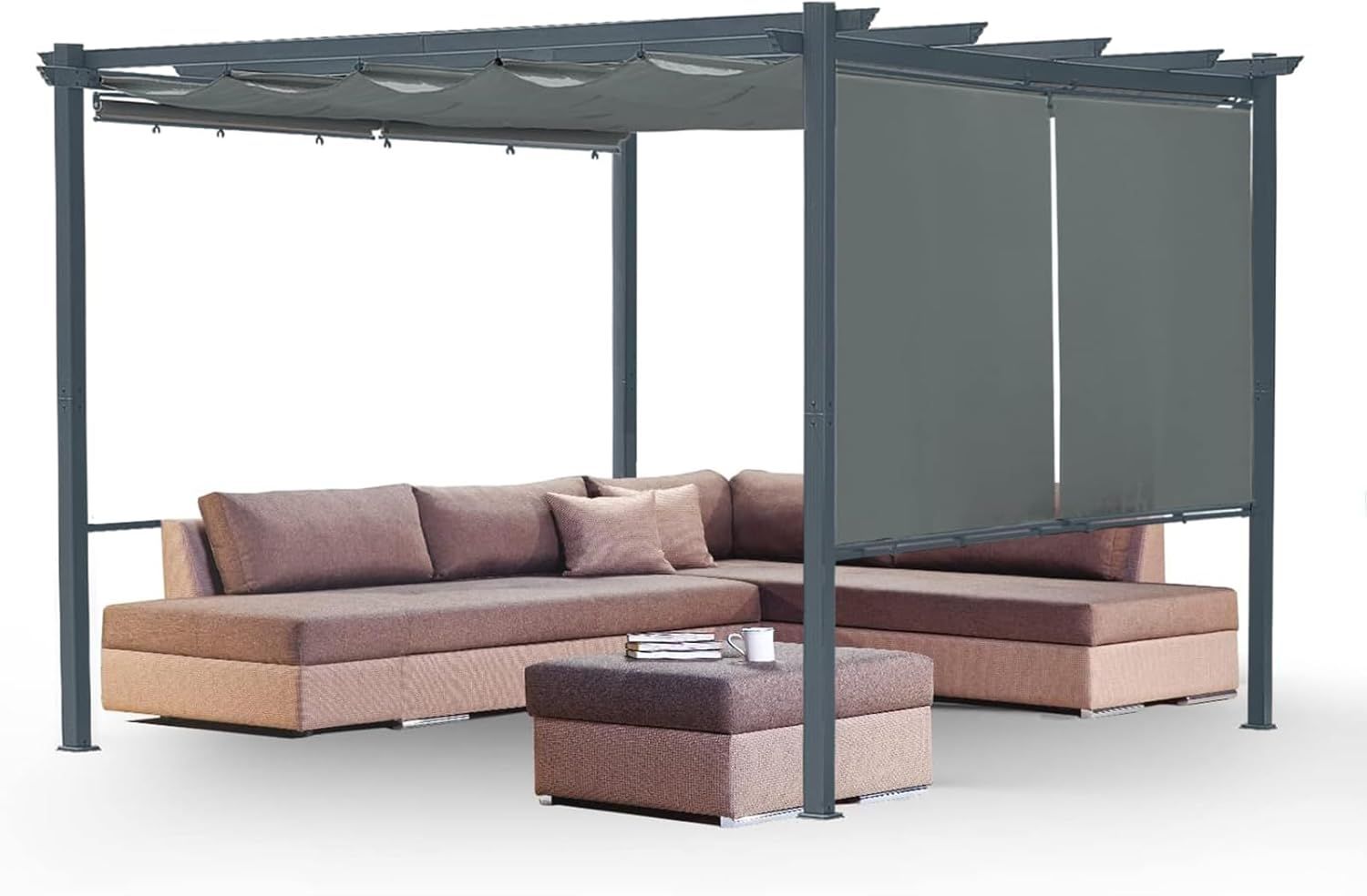 12 ft x 10 ft Gray Aluminum Patio Pergola with Retractable Canopy