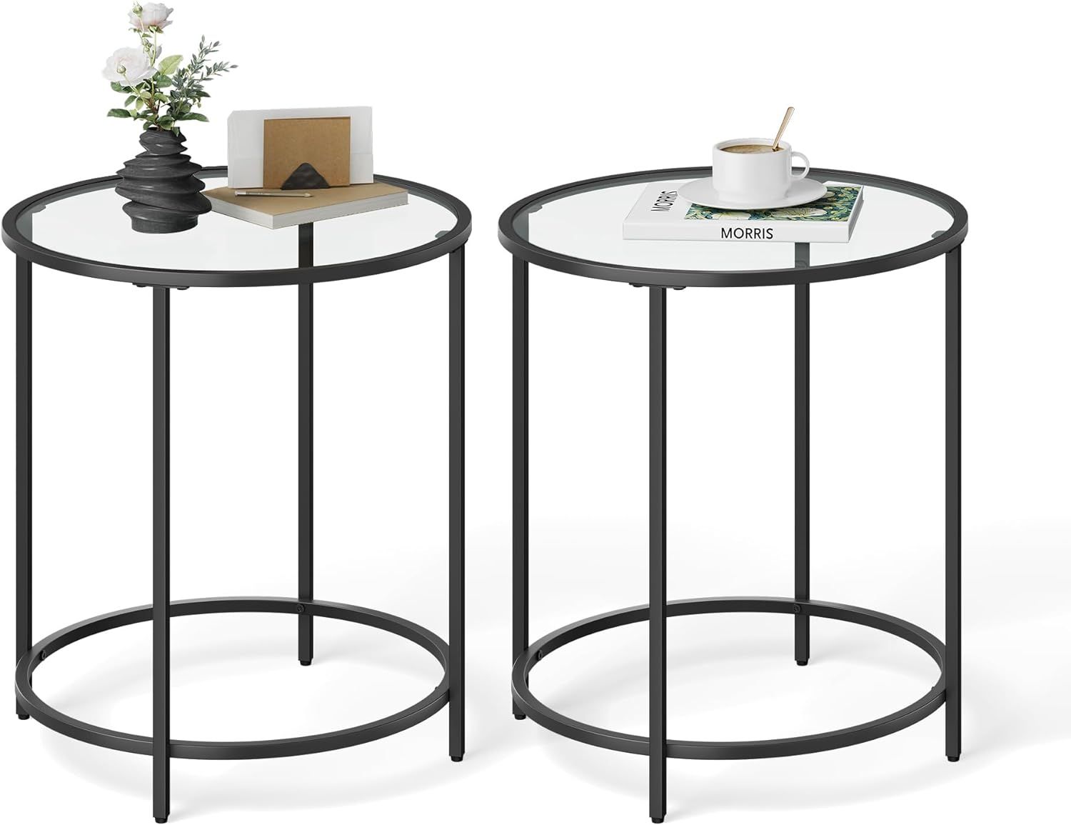 Black Round Metal and Glass Side Tables, Set of 2