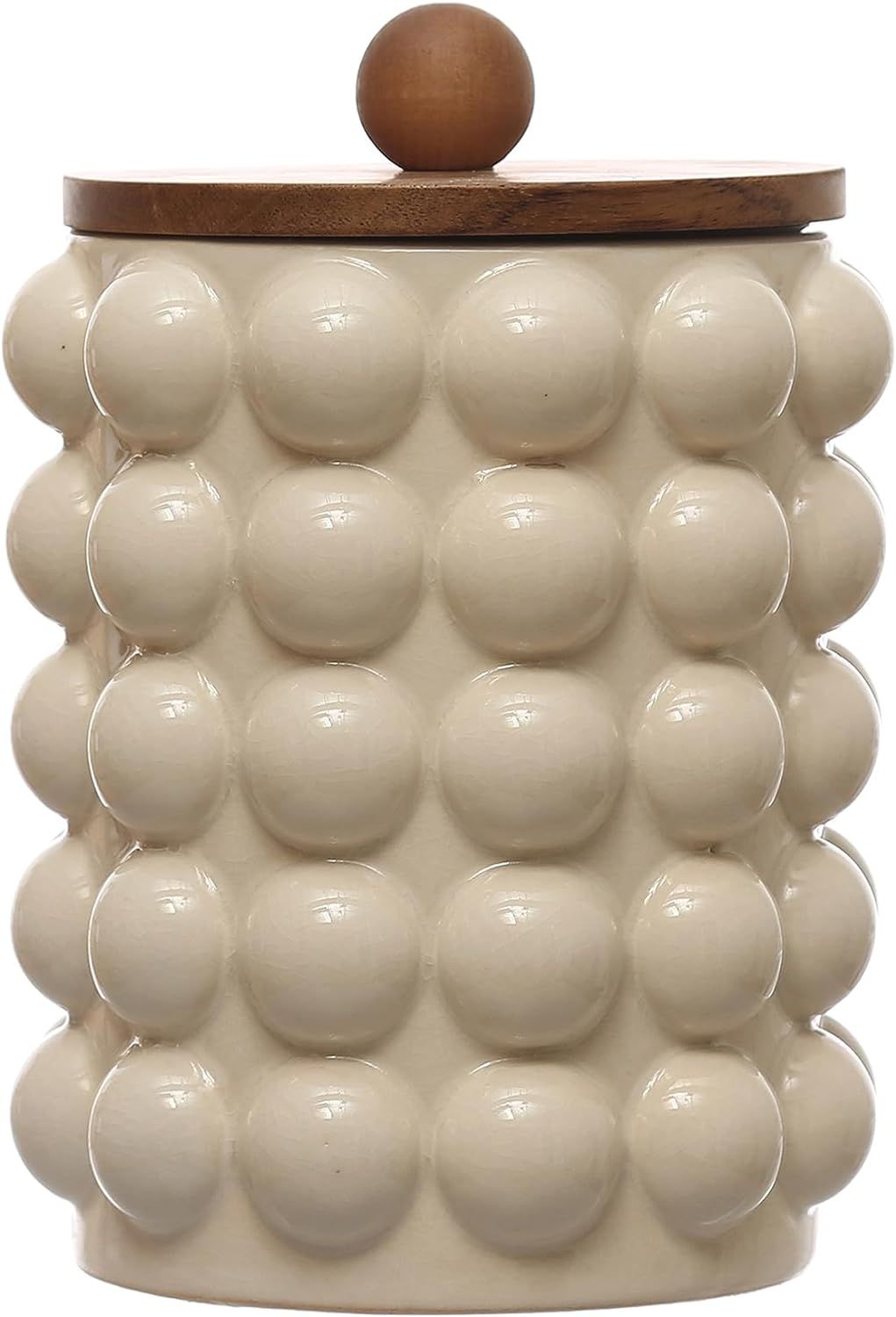 White Ceramic Canister with Acacia Wood Lid and Raised Dots