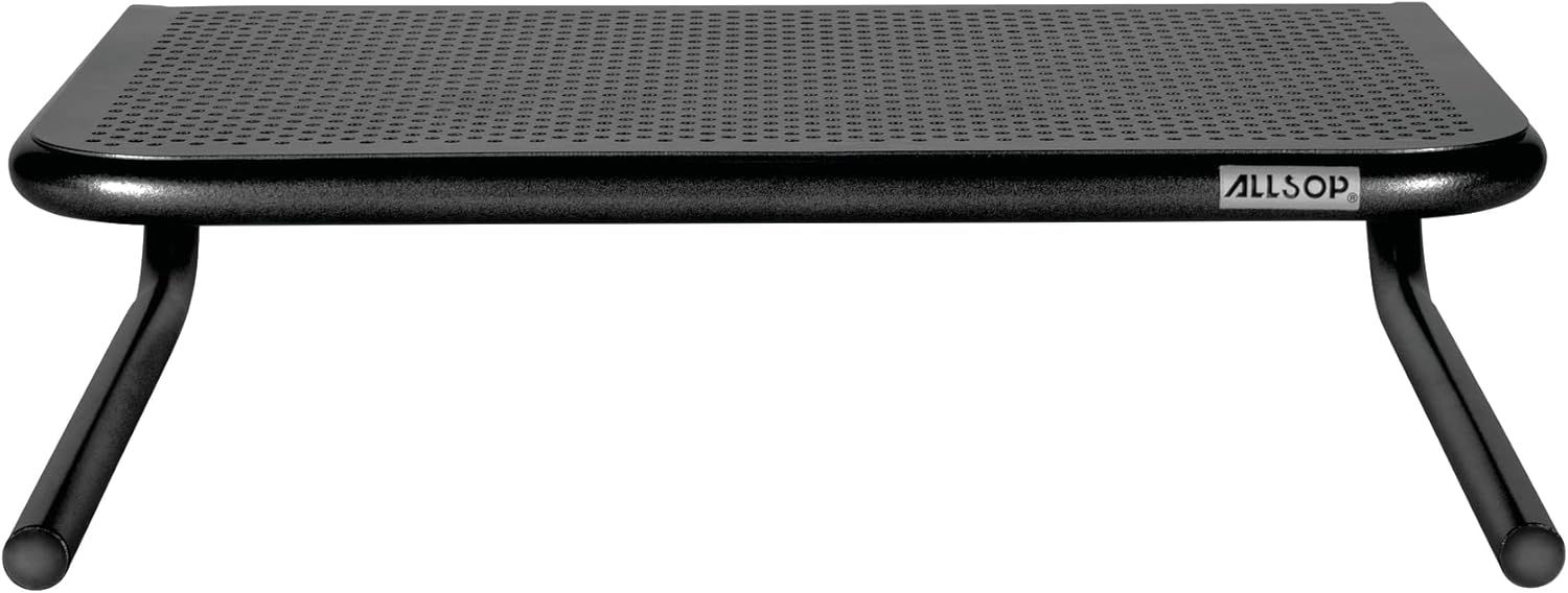 Pearl Black Steel Ergonomic Monitor Stand with Keyboard Storage