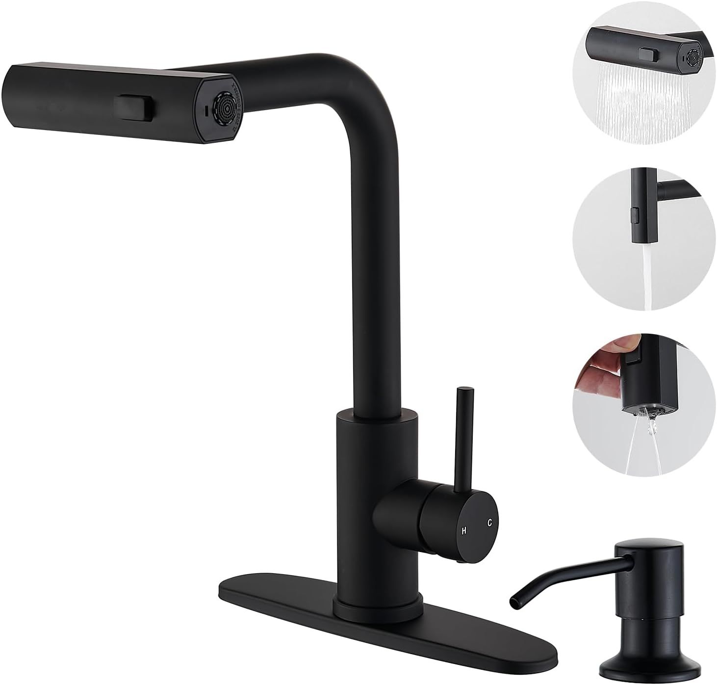 Matte Black Stainless Steel Pull Down Kitchen Faucet with Soap Dispenser