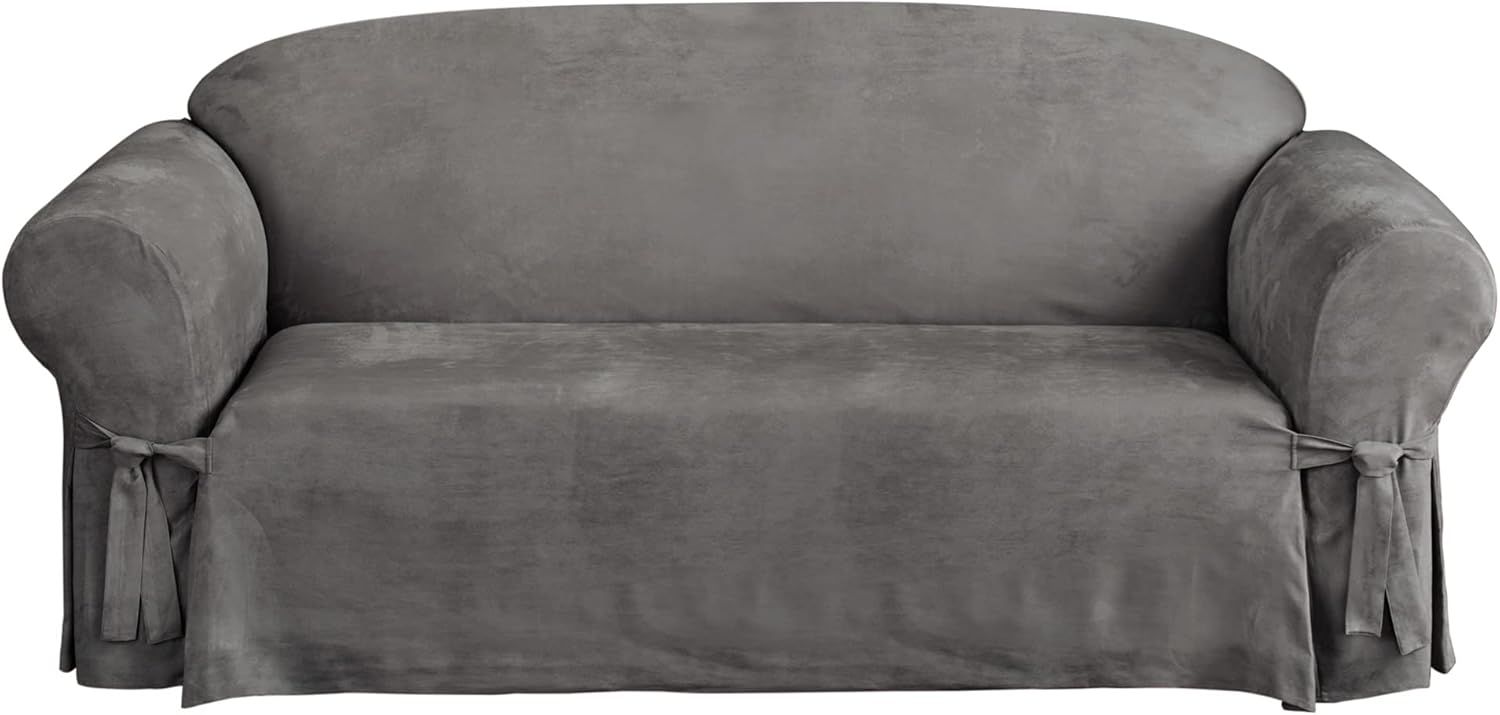 Gray Soft Suede Sofa Slipcover with Ties