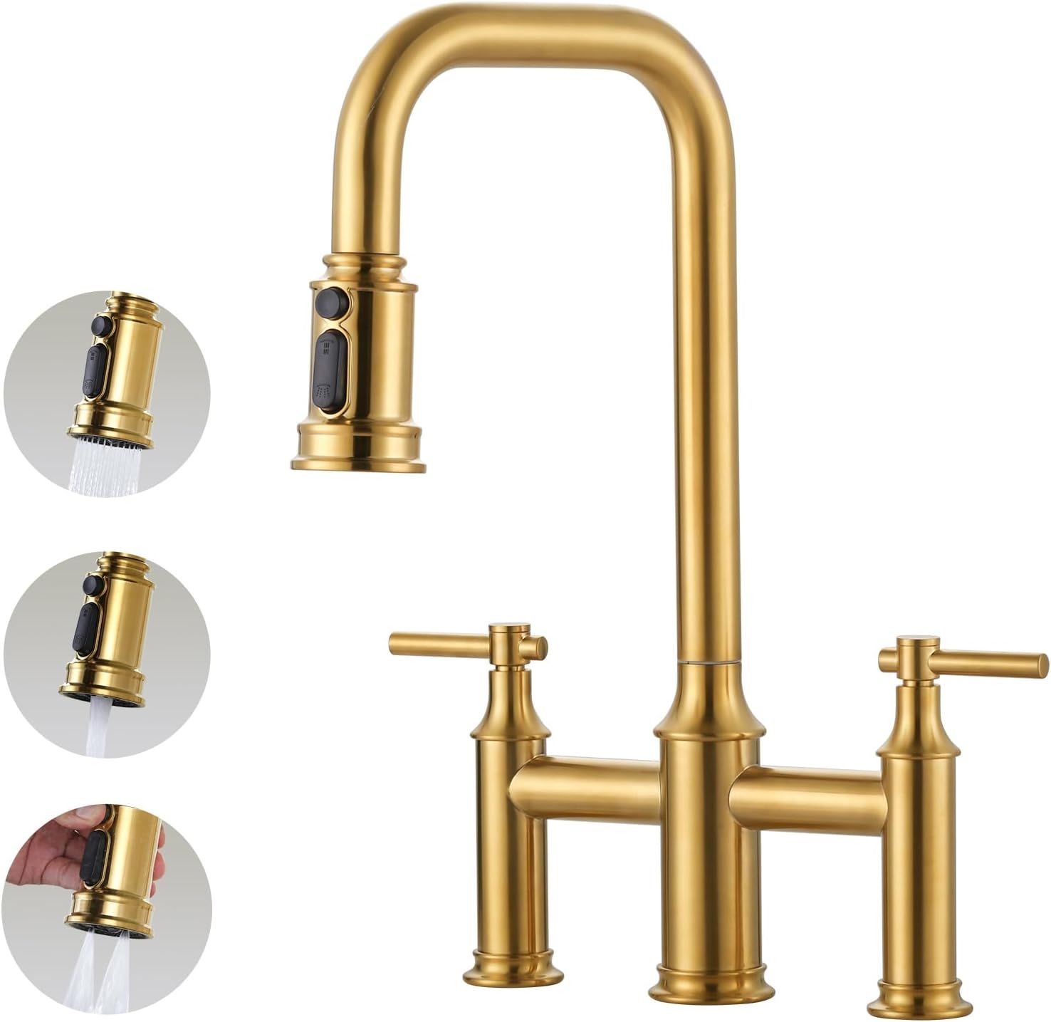 Brushed Gold Double Handle Bridge Kitchen Faucet with Pull-Down Spray