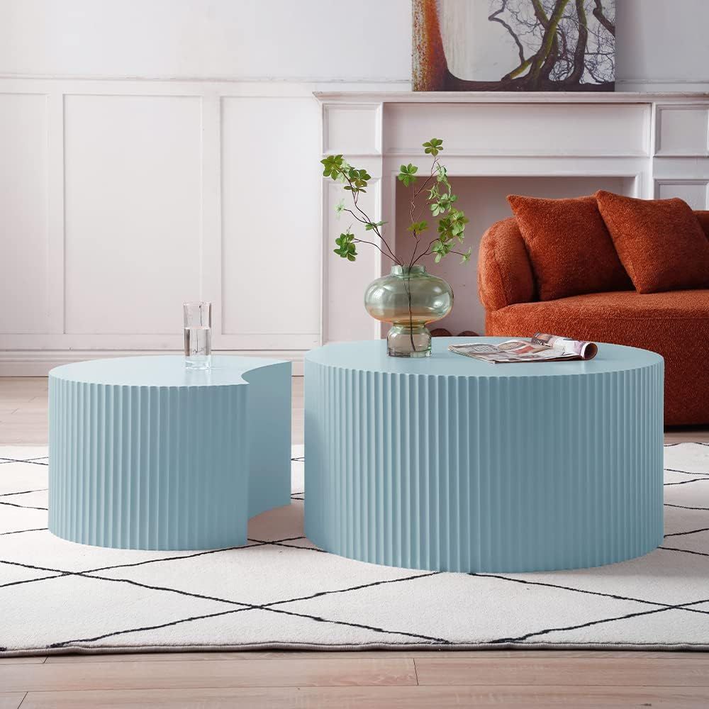 Blue Round Wooden Nesting Coffee Table Set