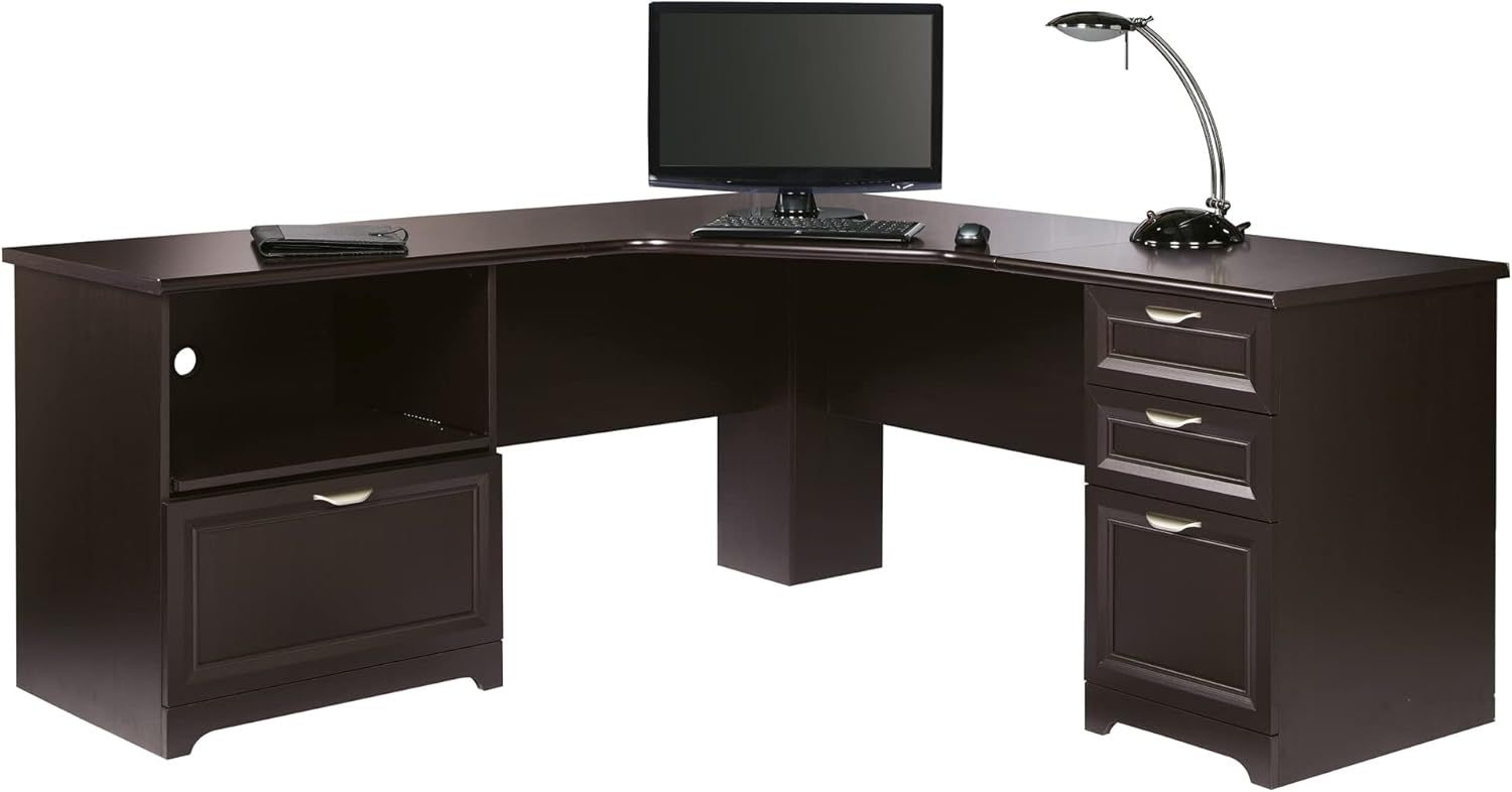 Espresso Wood L-Shaped Corner Desk with Drawers and Keyboard Tray