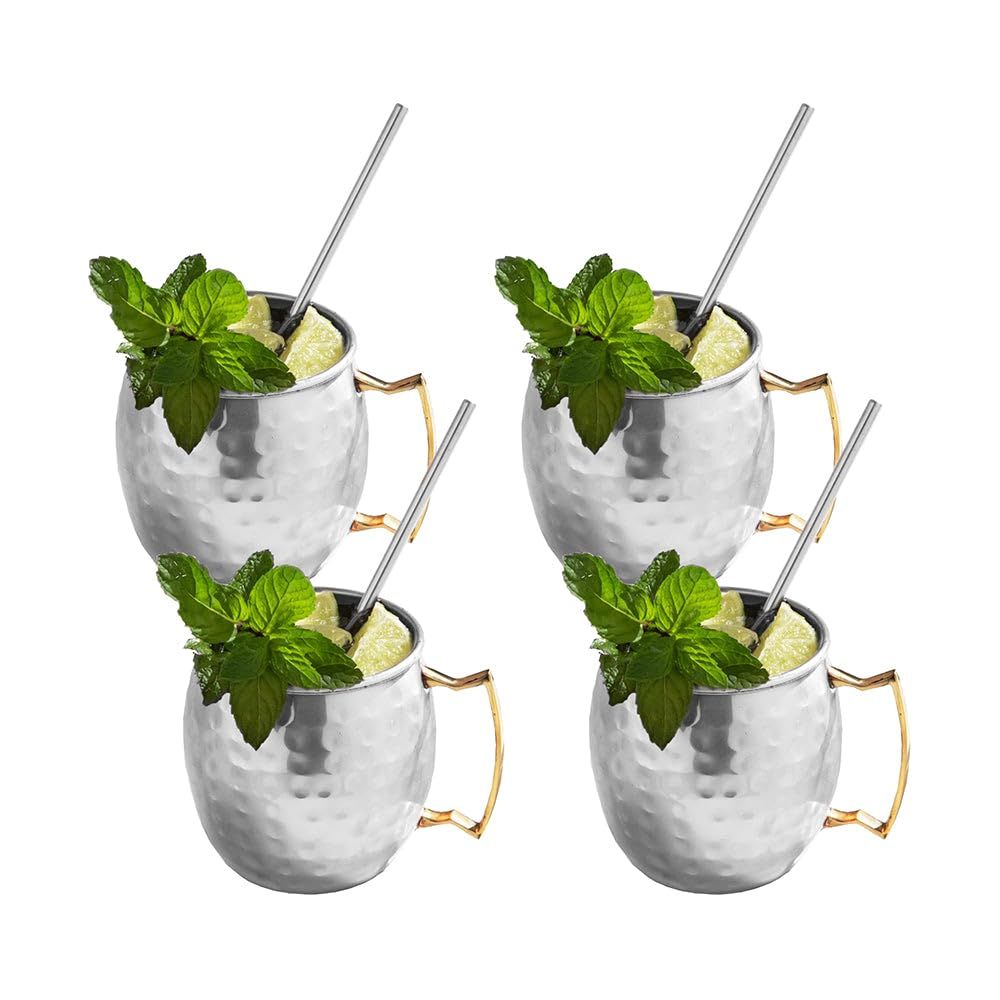 Hammered Silver and Copper Moscow Mule Mugs Set with Straws