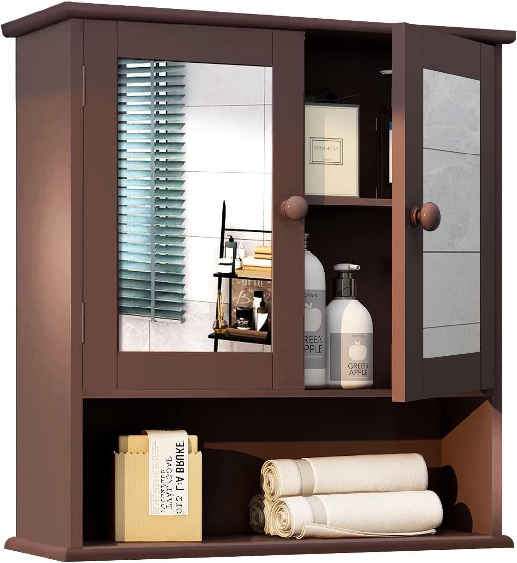 Brown MDF Wall-Mounted Medicine Cabinet with Mirror and Shelves