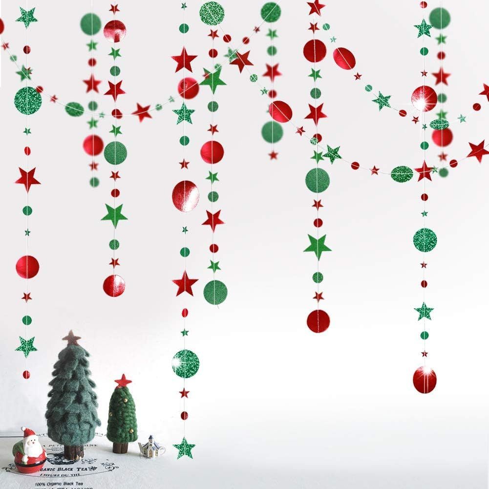 Festive Red and Green Glitter Star Circle Garland Banner, 4 Meters