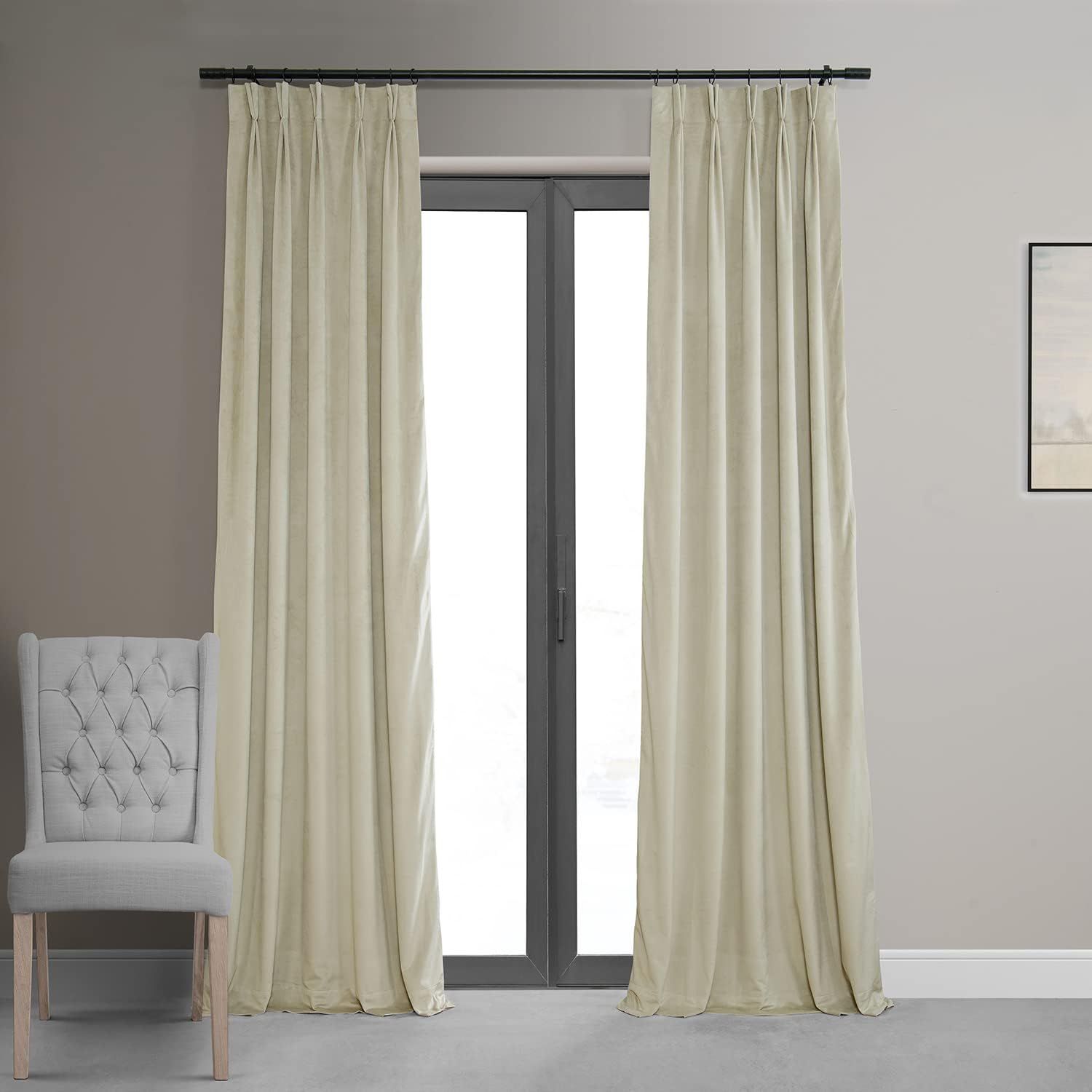 HPD Half Price Drapes Velvet Blackout Curtains/Drapes - 84 Inches Long 1 Panel Blackout Curtain Signature Pleated for Living Room & Bedroom - 25W X 84L, Cool Beige