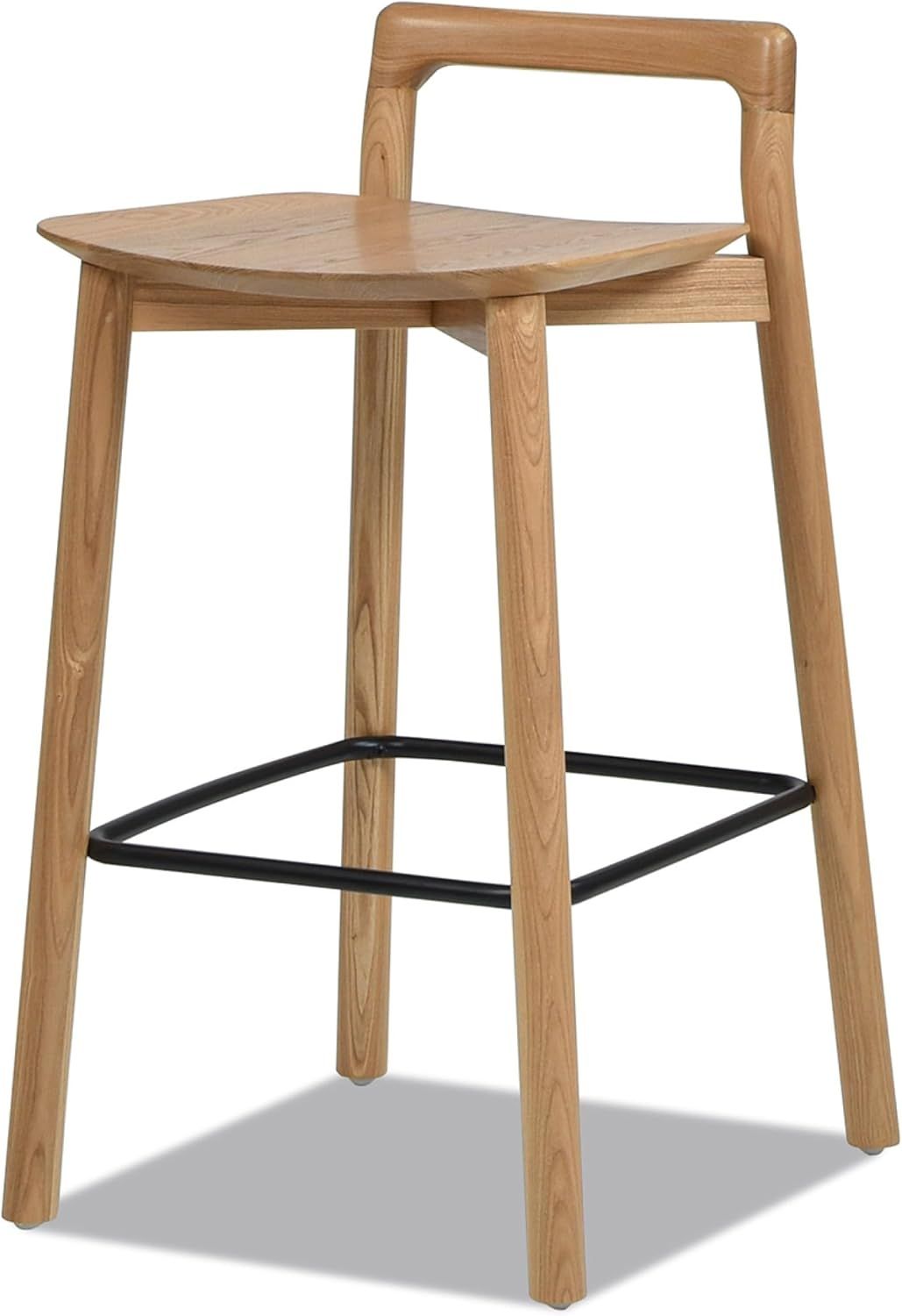 Natural Blonde Ash Wood Saddle Style Counter Stool with Black Iron Footrest