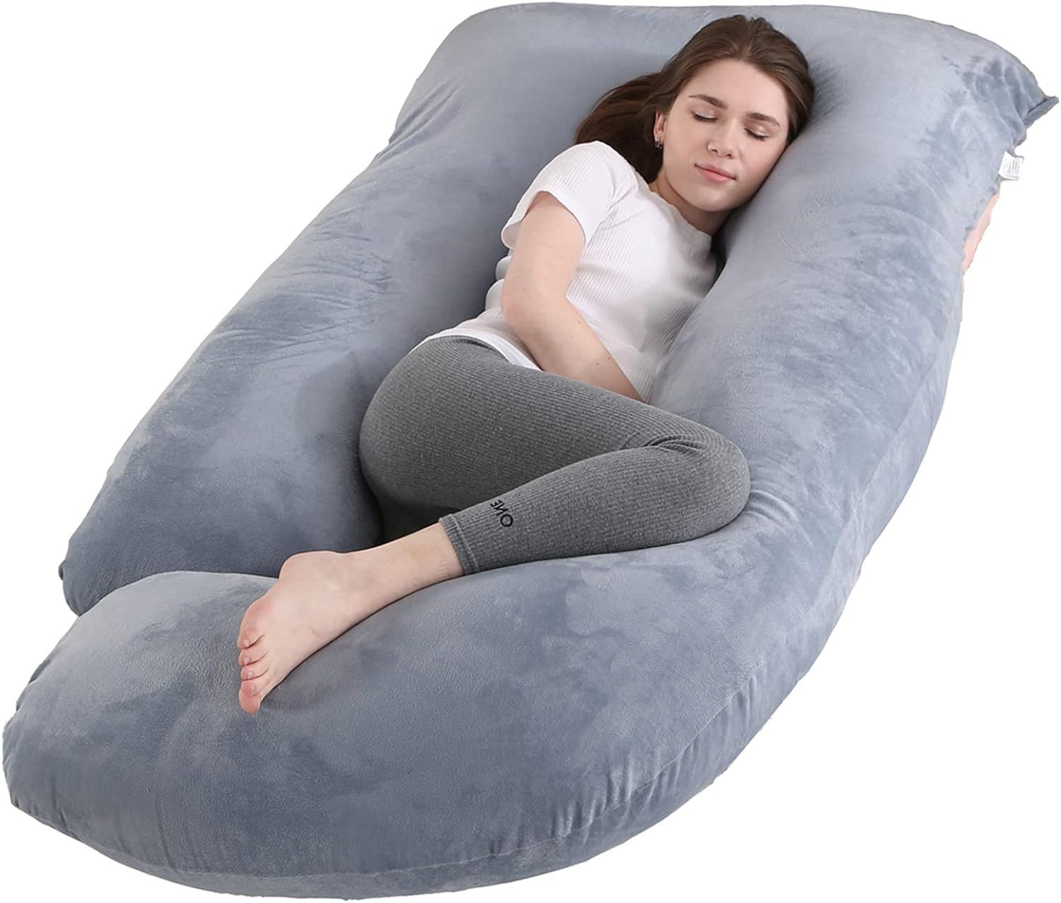 57-Inch Grey Velvet Maternity Full Body Pillow with Memory Foam