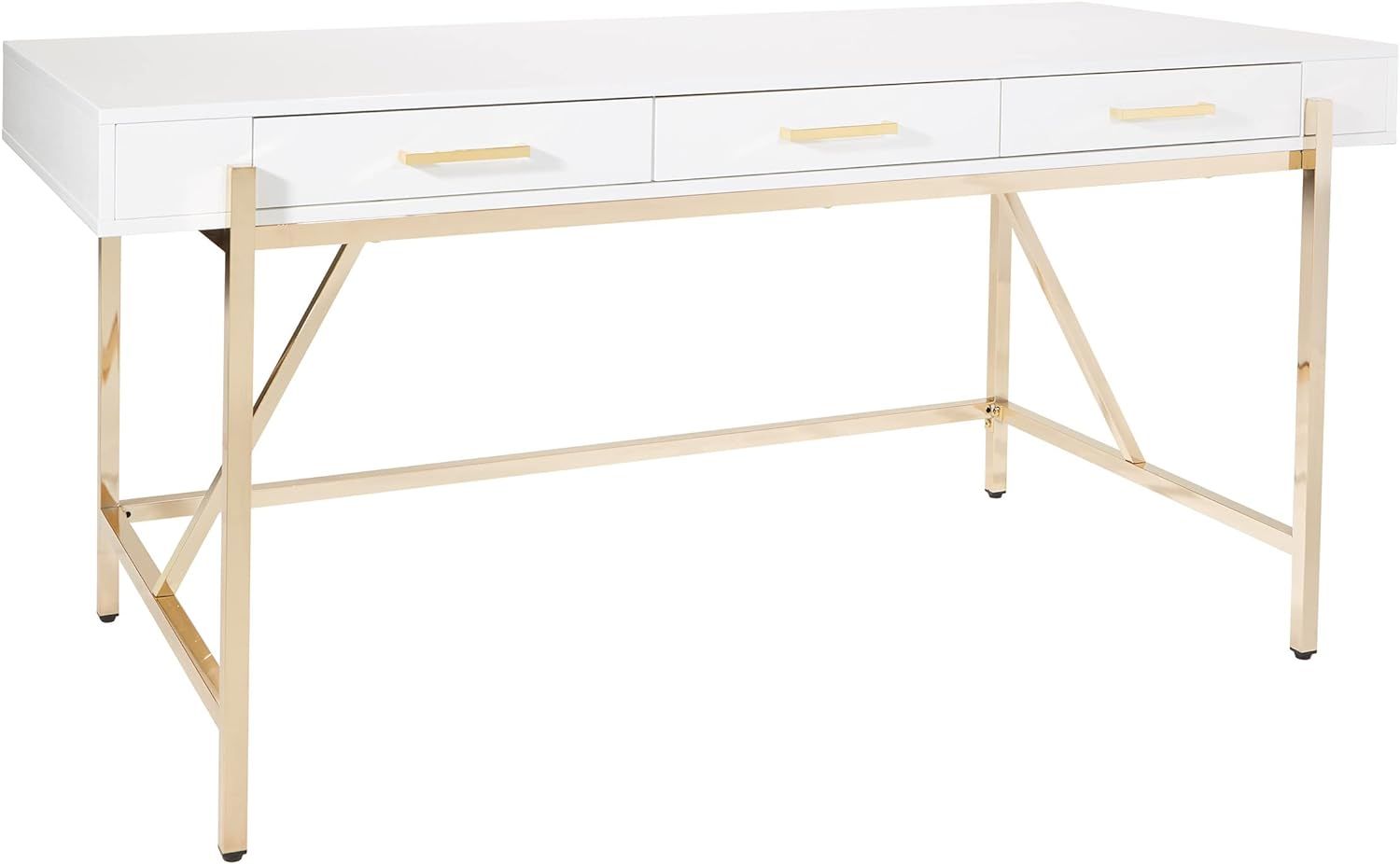 Broadway Chic 33" White Gloss & Gold Detail Desk with Drawers