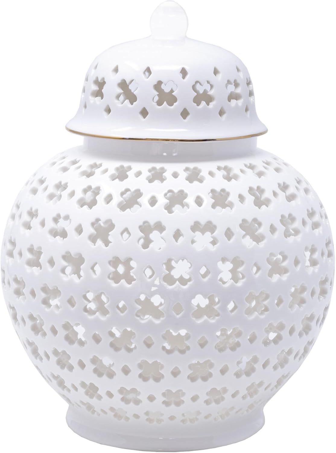 White Ceramic Lattice Ginger Jar with Gold Trim, 10" Tall