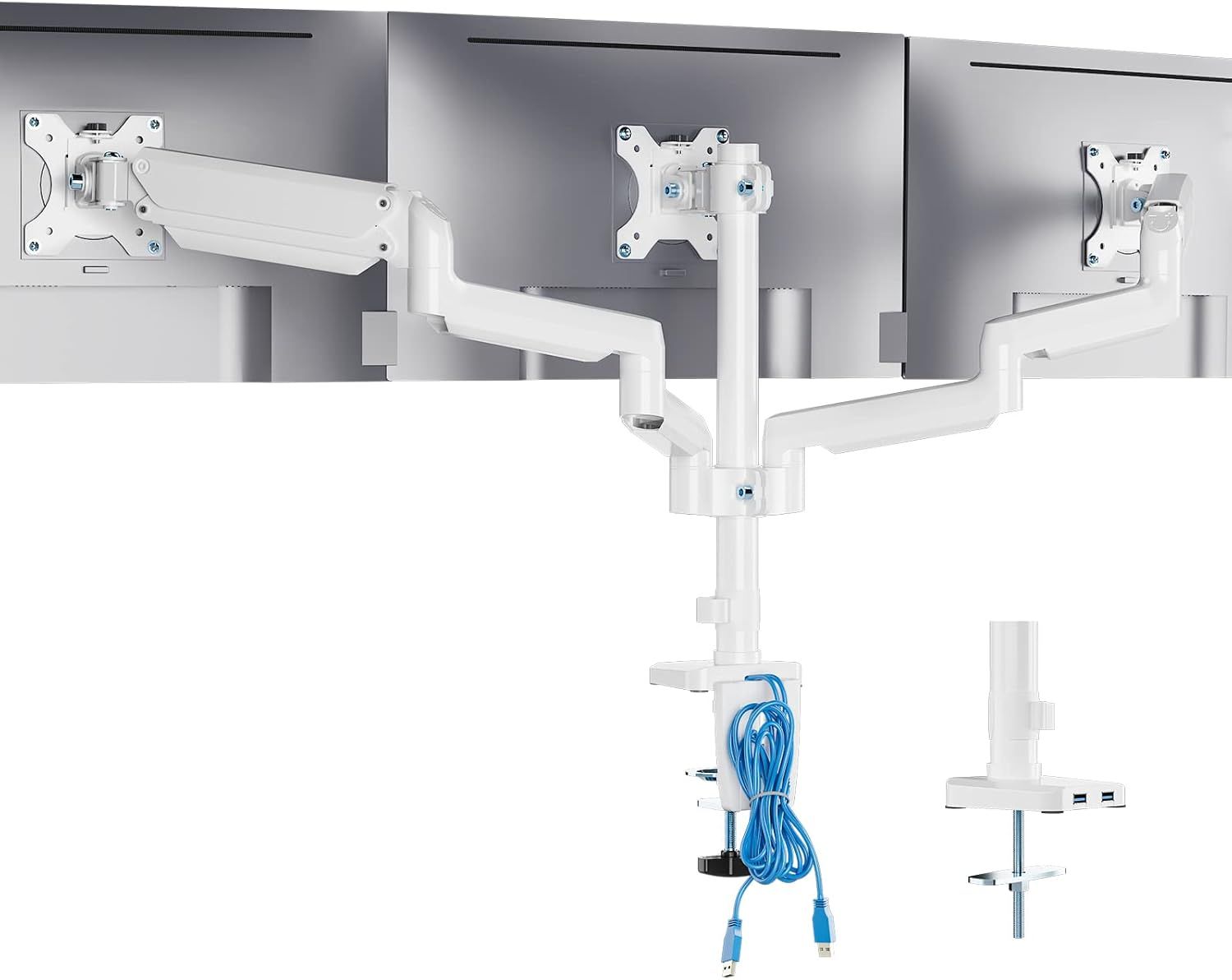 White Triple Monitor Desk Mount with Gas Spring Arm