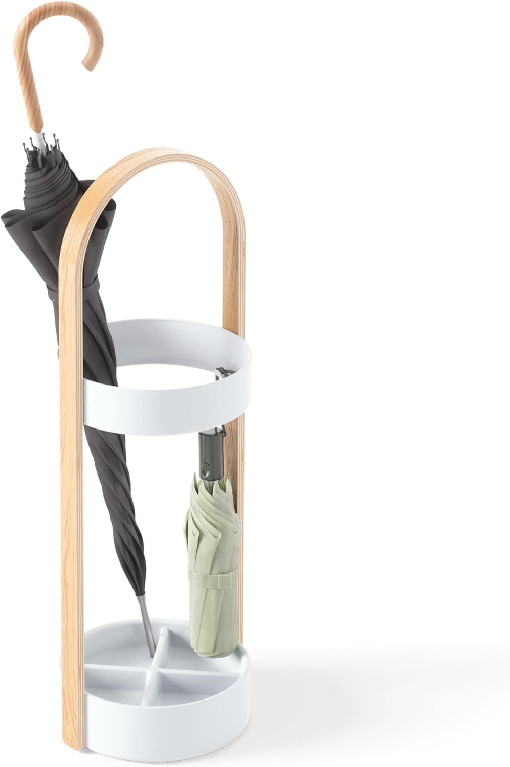 Bellwood Modern White-Natural Wood & Steel Freestanding Umbrella Stand