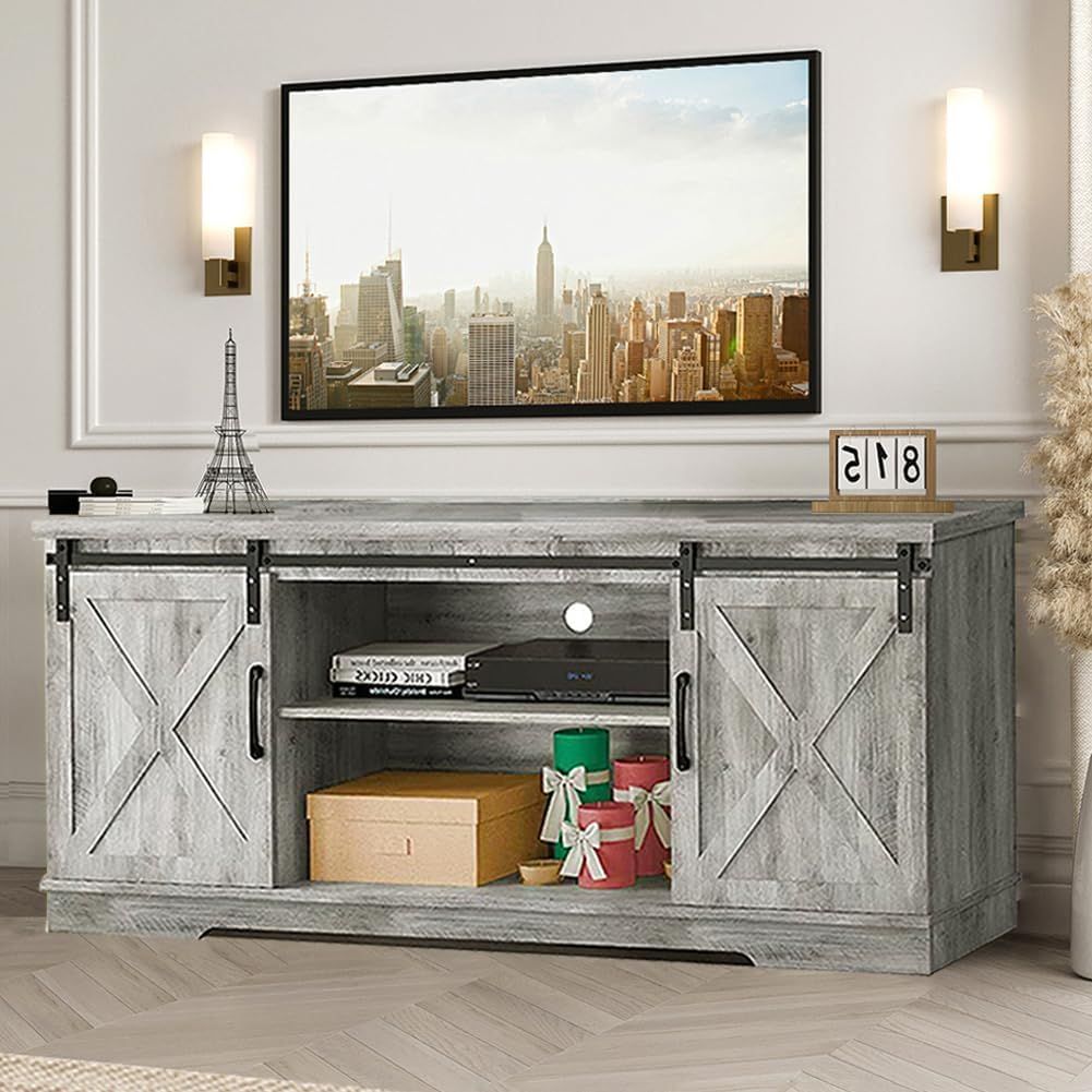 Rustic Grey Farmhouse Barn Door TV Stand for 65 Inch TV