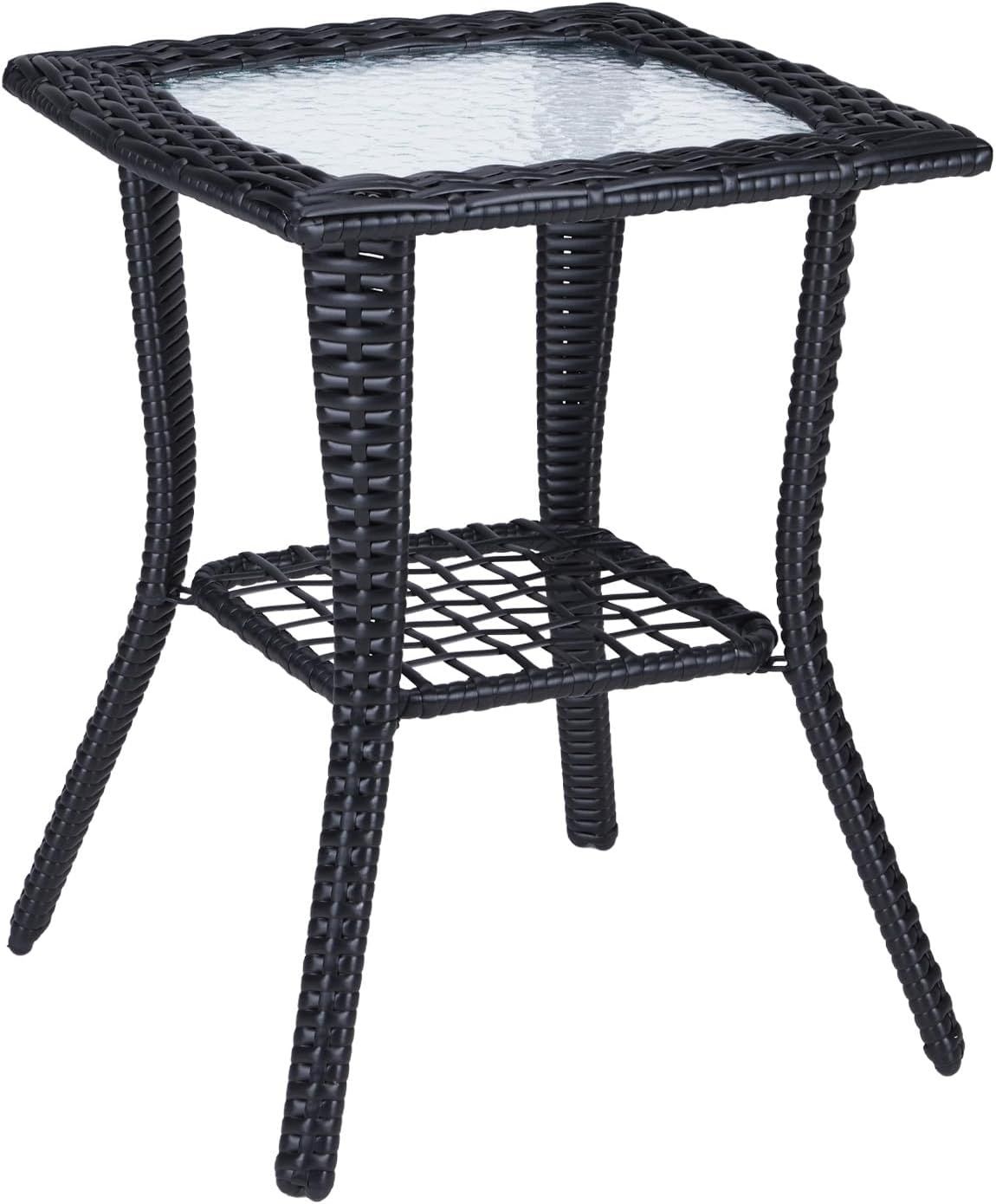 Black Wicker Outdoor End Table with Glass Top and Storage