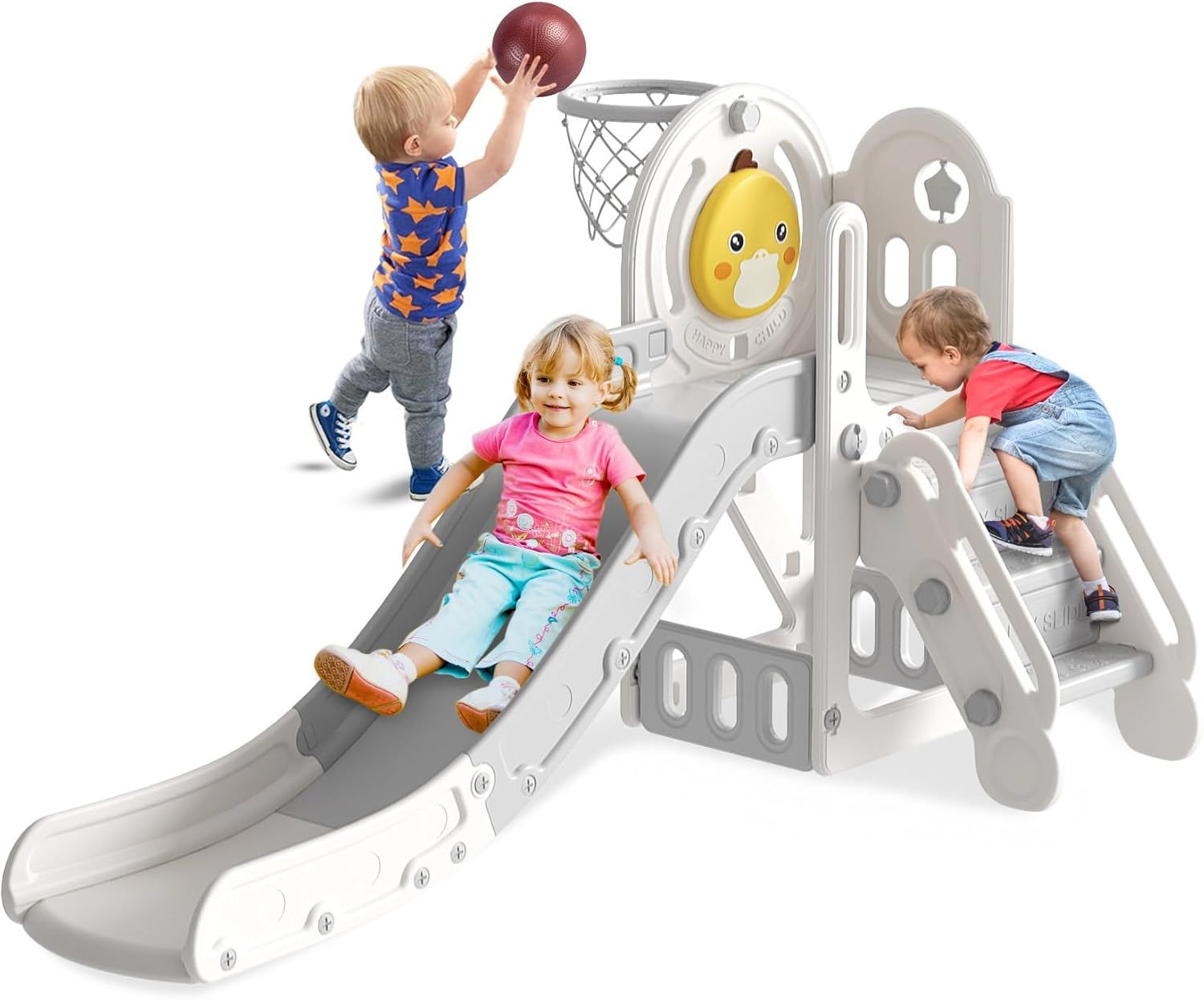 Gray and White 5-in-1 Toddler Slide with Basketball Hoop