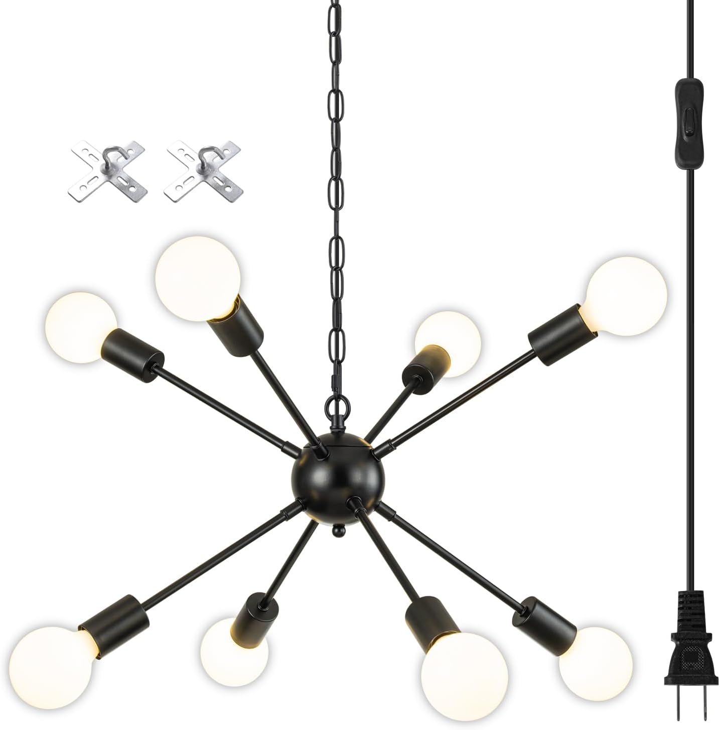 Matte Black 8-Light Sputnik Chandelier with Adjustable Rod