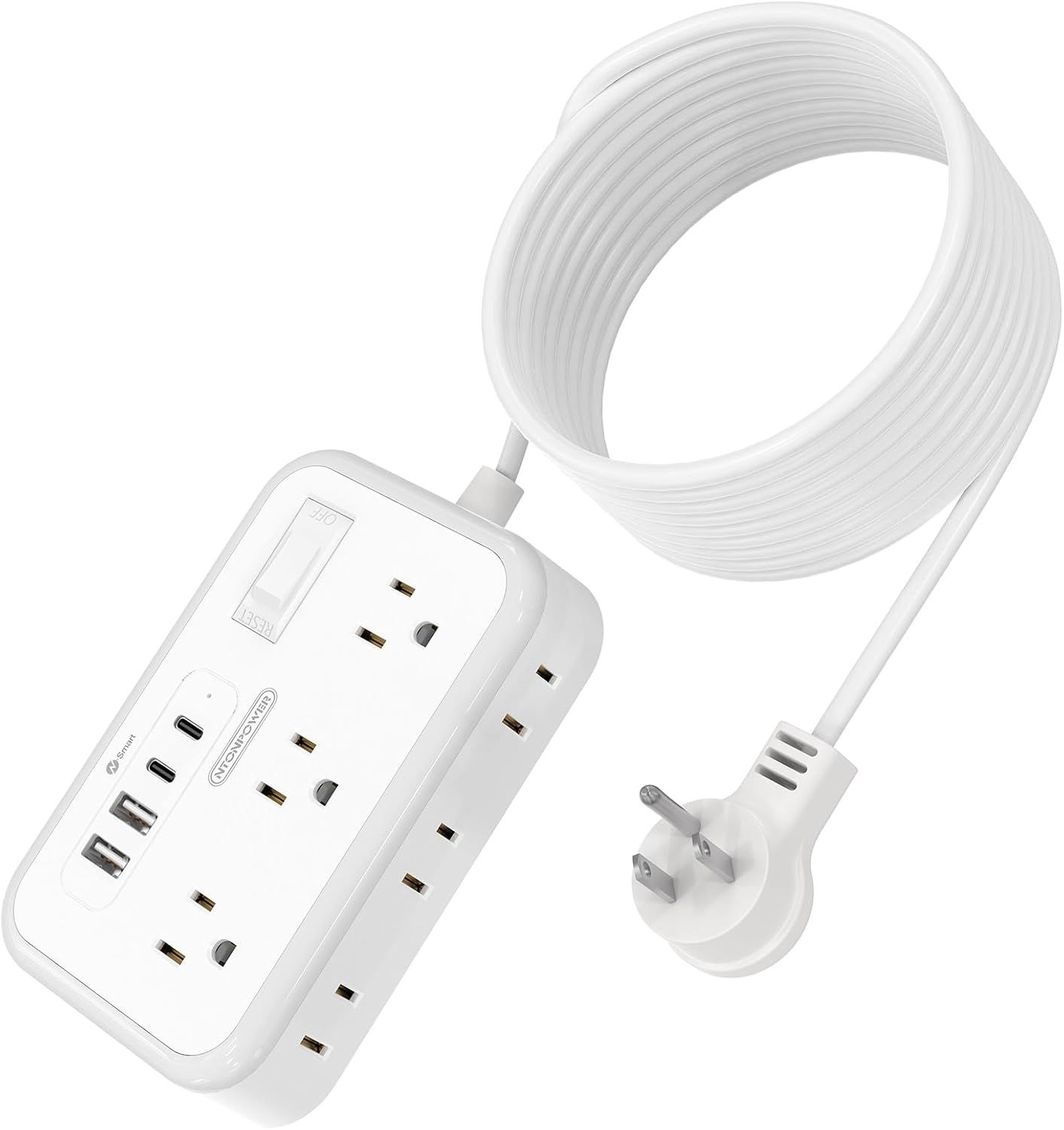 White 10 ft Power Strip with 6 Outlets and 4 USB Ports