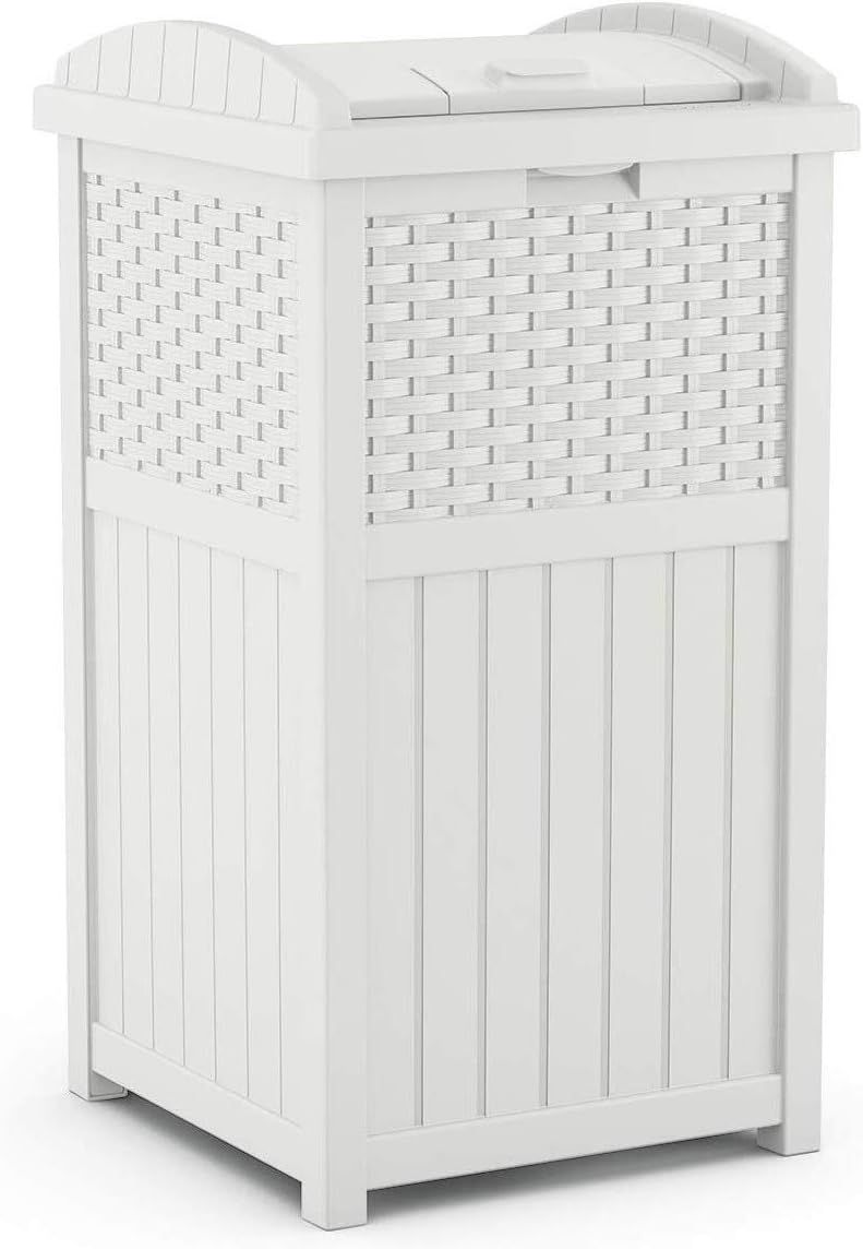 33 Gallon White Polypropylene Wicker Outdoor Trash Bin