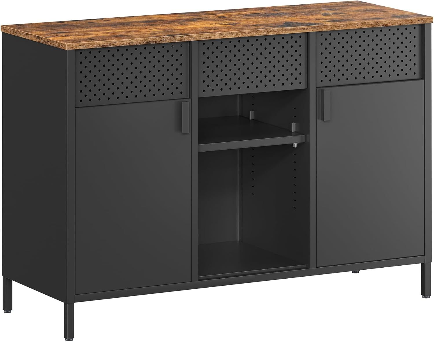 Rustic Brown and Matte Black Metal Storage Cabinet with Adjustable Shelves