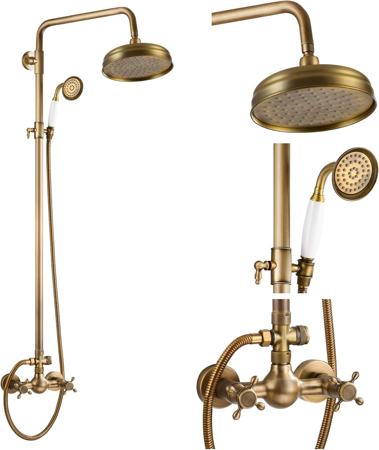 Antique Brass Adjustable Height Rainfall Shower System with Handheld Sprayer