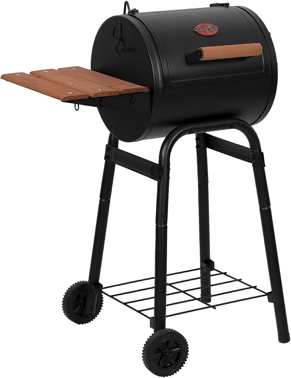 Black Barrel Charcoal Grill with Wood Shelf and Cast Iron Grates