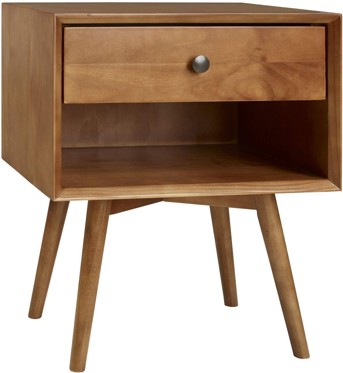 Mid-Century Caramel Solid Pine Nightstand with Antique Metal Hardware