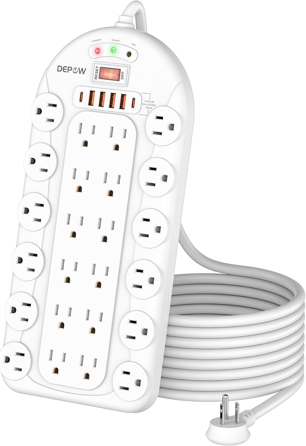 DEPOW White 24-Outlet Surge Protector Power Strip with USB Ports