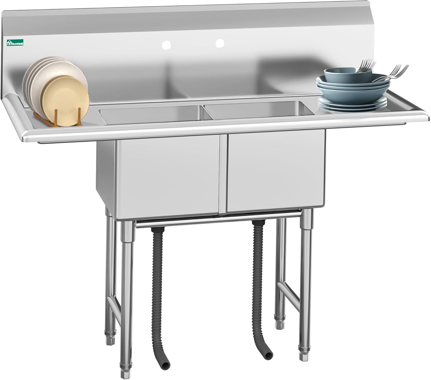 Stainless Steel Freestanding 2-Compartment Sink with Double Drainboard