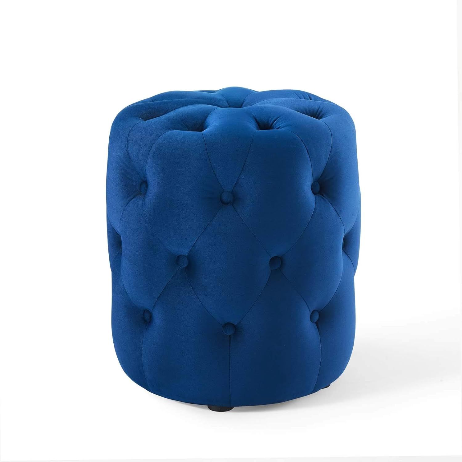 Amour Navy Blue Tufted Velvet Round Pouf Ottoman