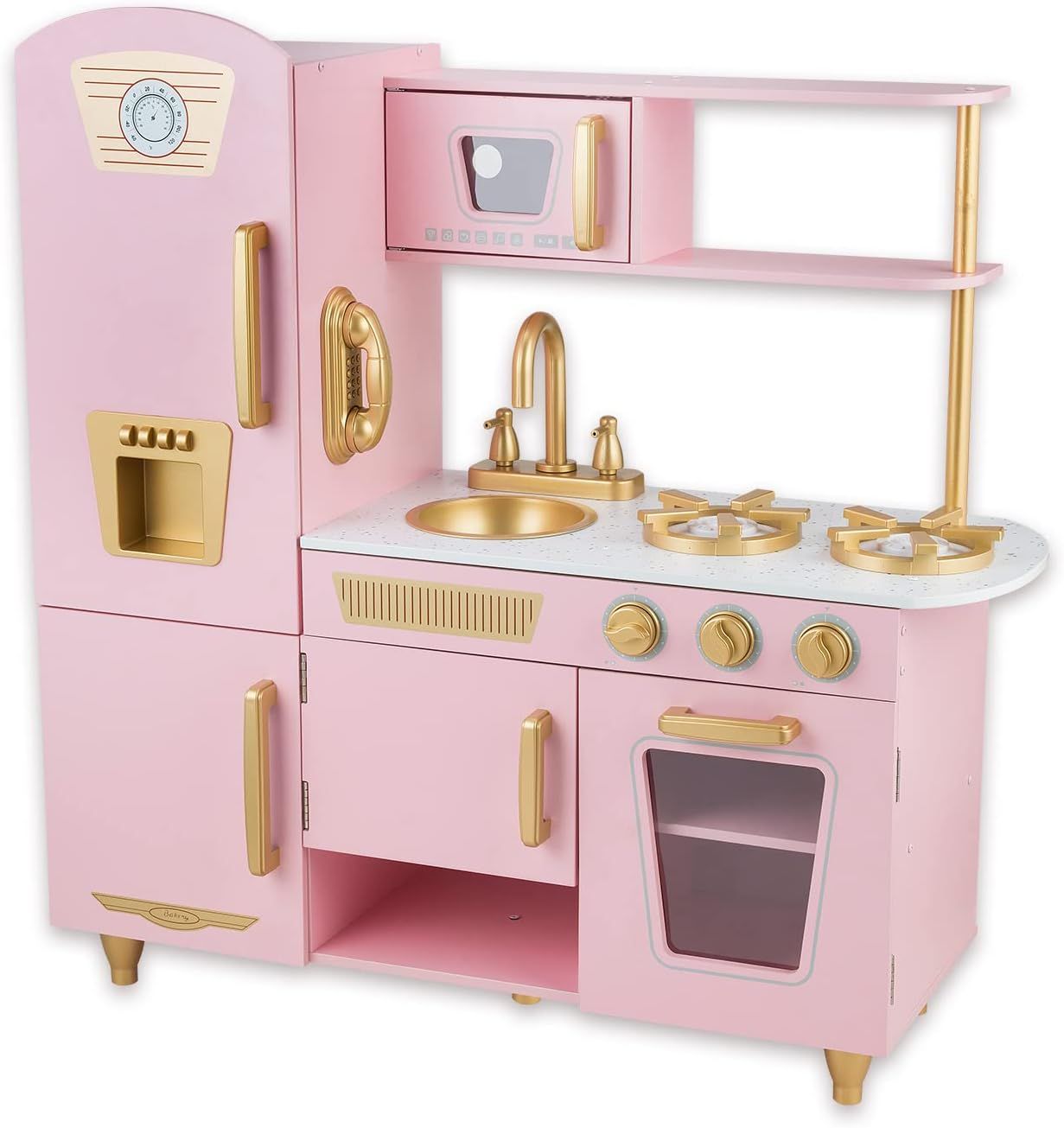 Pink Wooden Kids Kitchen Playset with Telephone and Ice Maker