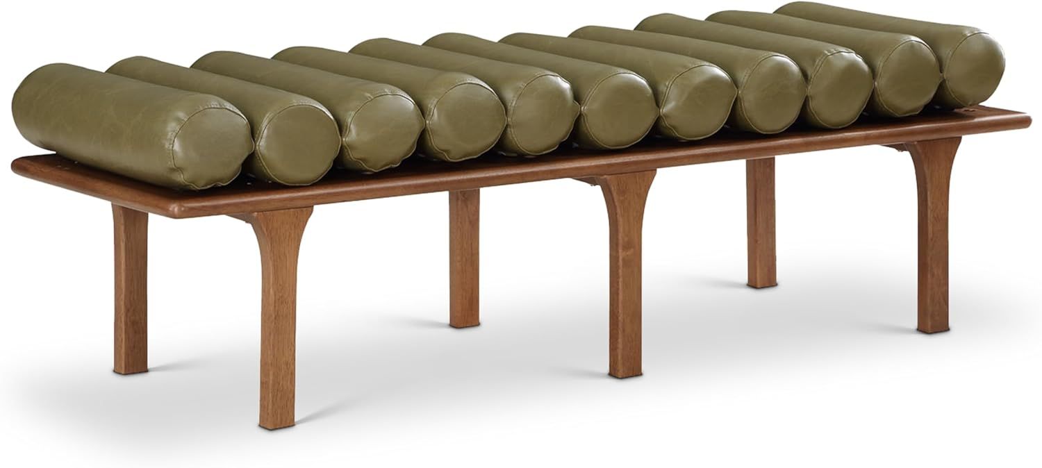 Olive Green Vegan Leather and Walnut Art Deco Bench