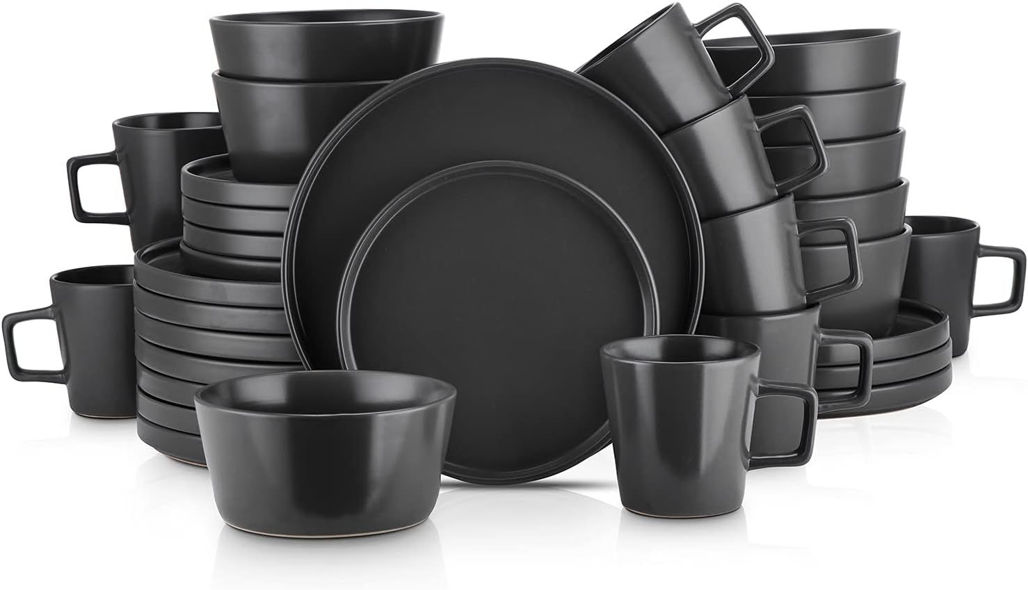 Black Matte Ceramic Round Dinnerware Set, Service for 8