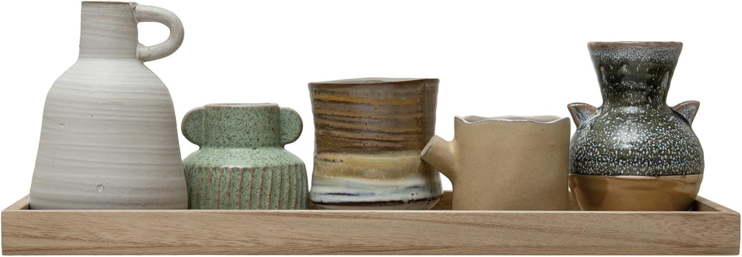 Mango Wood Tray Set with Reactive Glaze Stoneware Vases and Planters