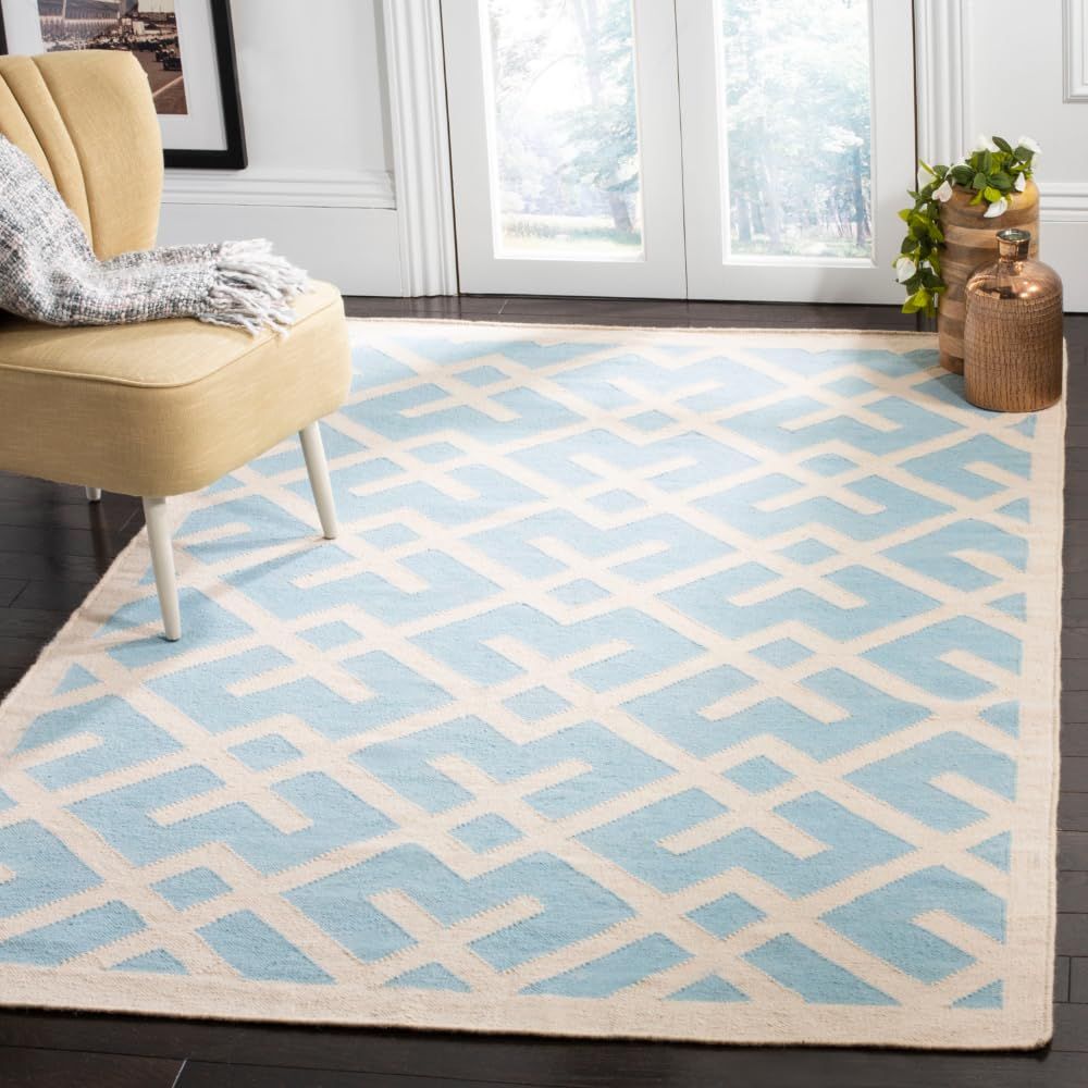 Light Blue and Ivory Geometric Wool 4' x 6' Handmade Rug