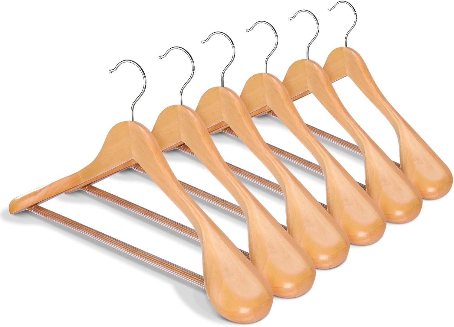 Natural Solid Wood Wide Shoulder Suit Hangers with Non-Slip Bar, 6 Pack