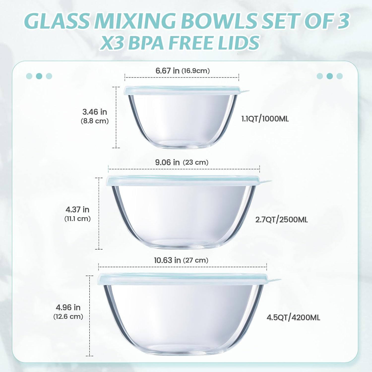 Durable Glass Mixing Bowl Set with BPA-Free Lids, 3 Pieces