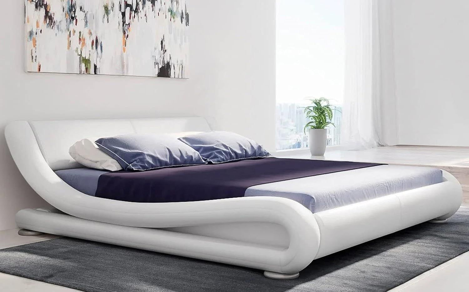 Modern White Genuine Leather Upholstered Queen Platform Bed