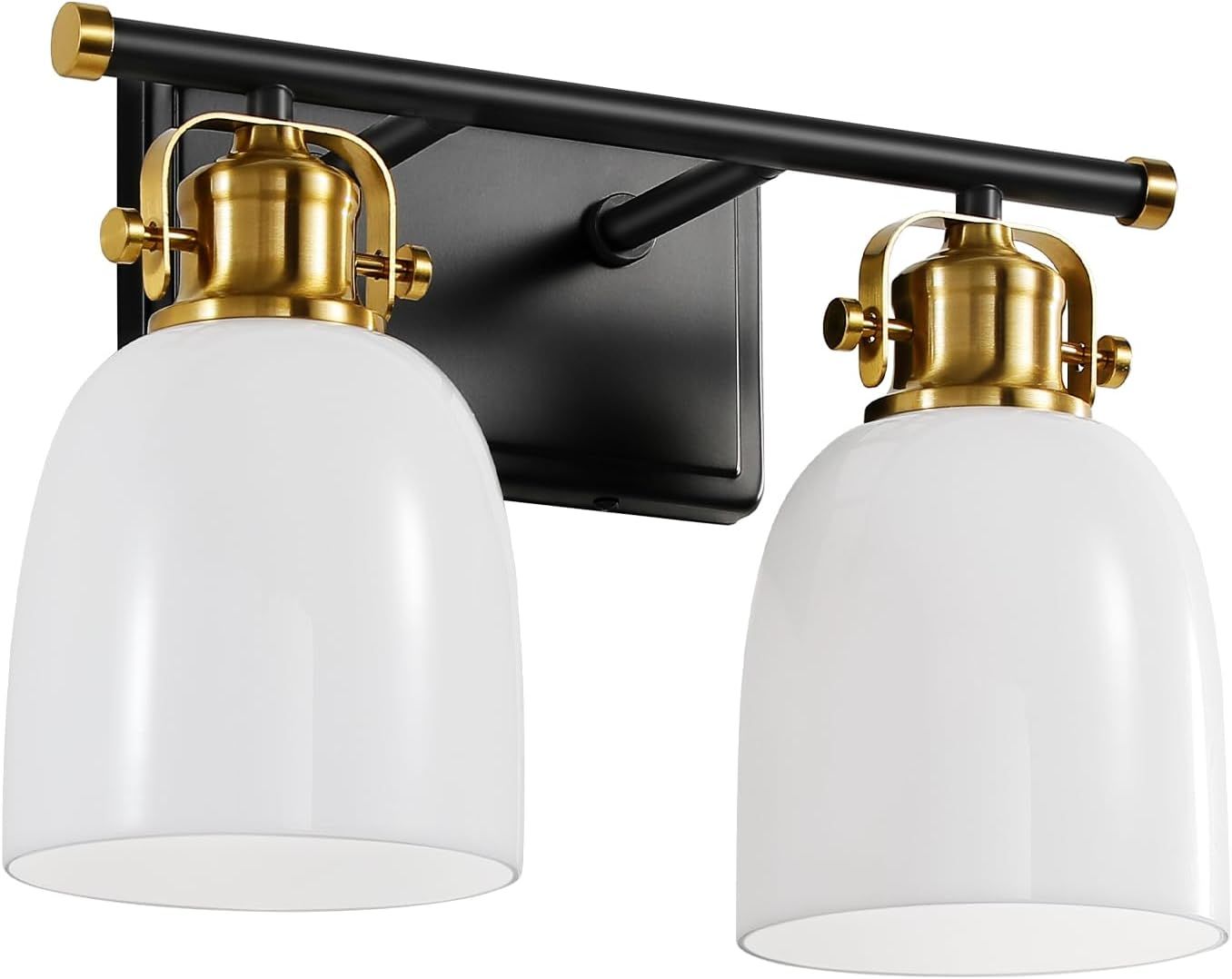 14-Inch Black and Gold Metal Vanity Light with White Glass Shades