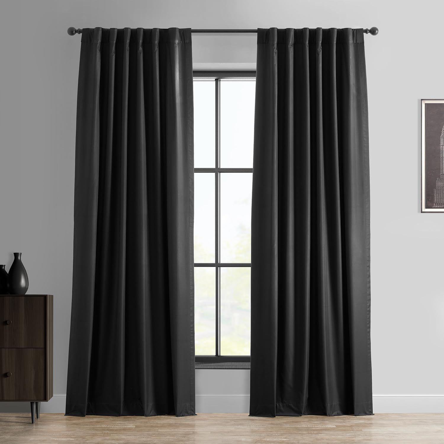 Deep Black Velvet Polyester Blackout Puddle Length Curtains