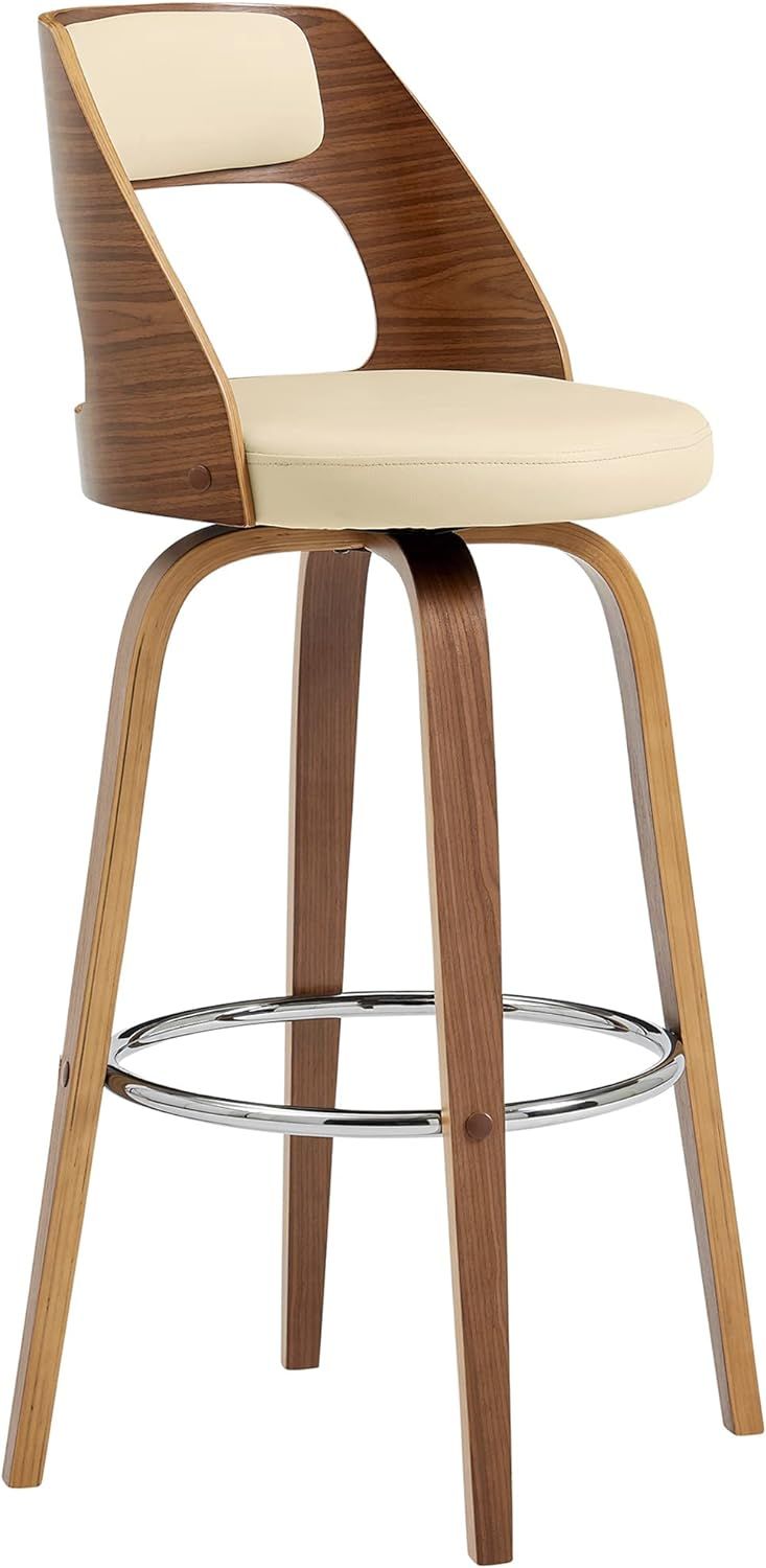 Cream Faux Leather and Walnut Wood Swivel Bar Stool