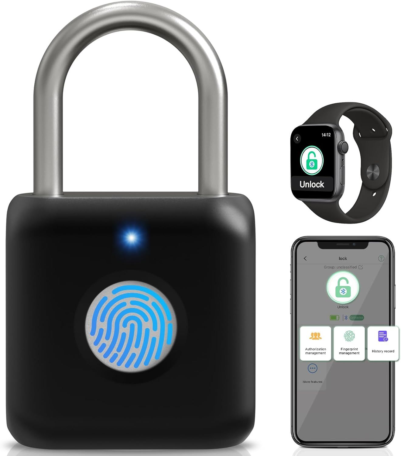 Black Stainless Steel Smart Fingerprint Padlock with Bluetooth