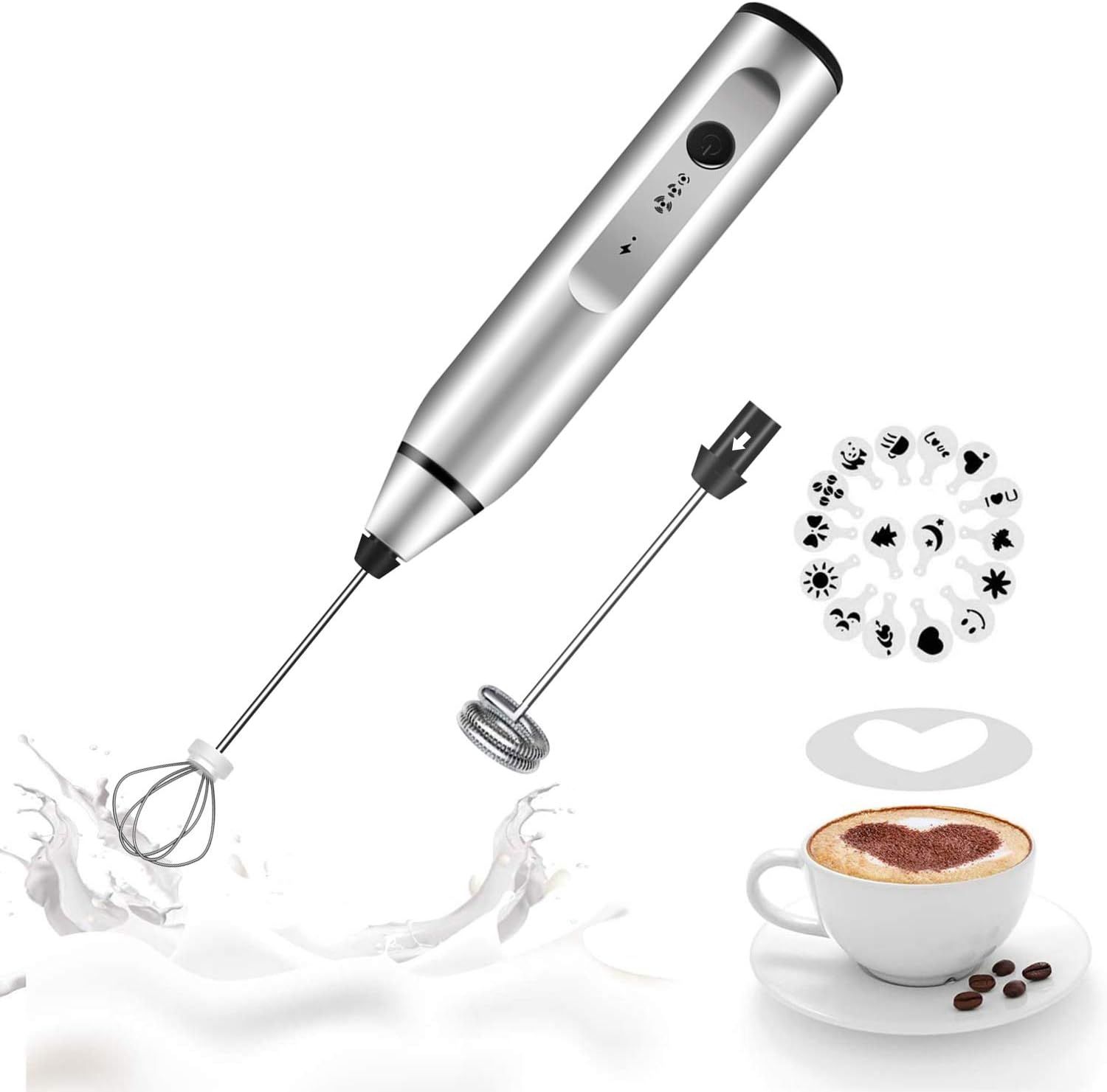 Rechargeable Silver Handheld Milk Frother with Art Stencils