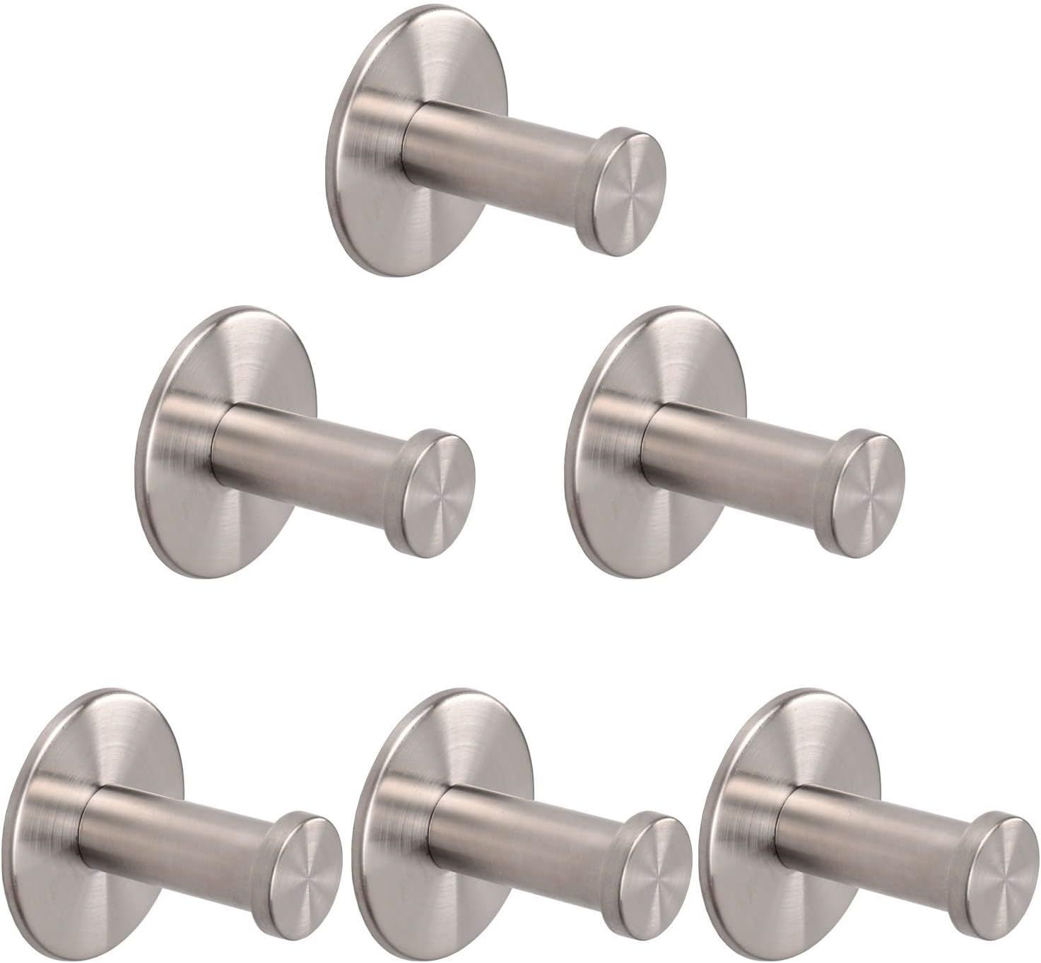 Brushed Stainless Steel Round Wall Hooks, 6 Pack