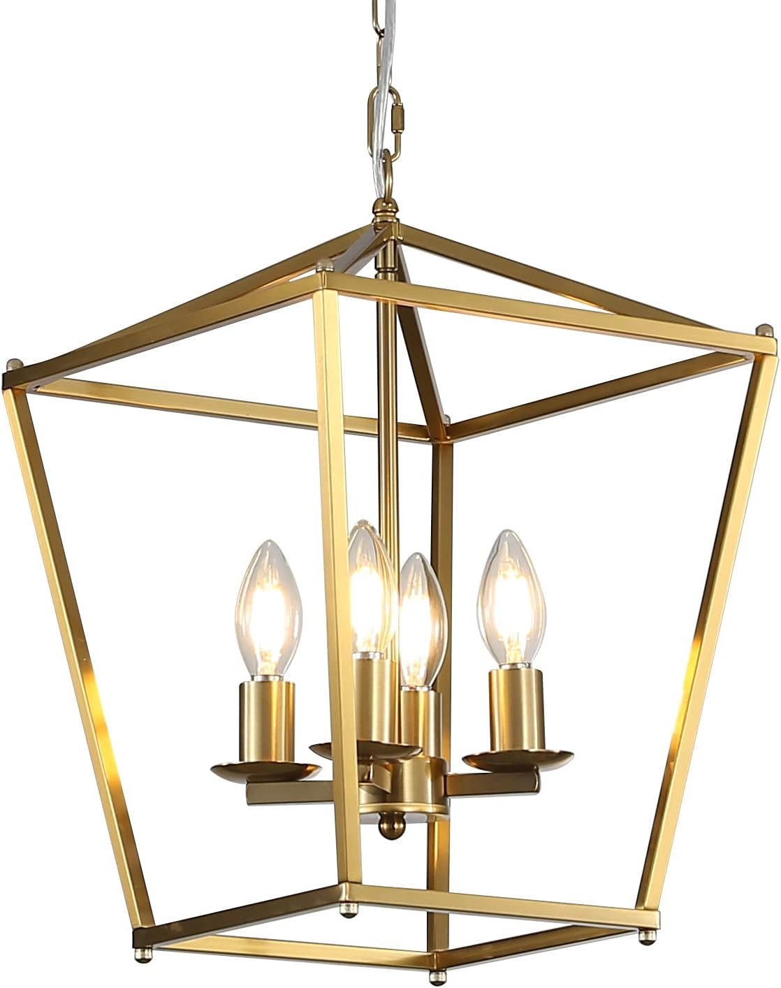 Soft Gold Geometric Metal Cage Pendant Light with 4 Candle Bulbs