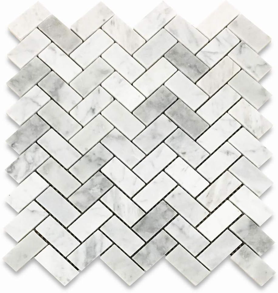 Carrara White Marble Herringbone Mosaic Tile Sheet