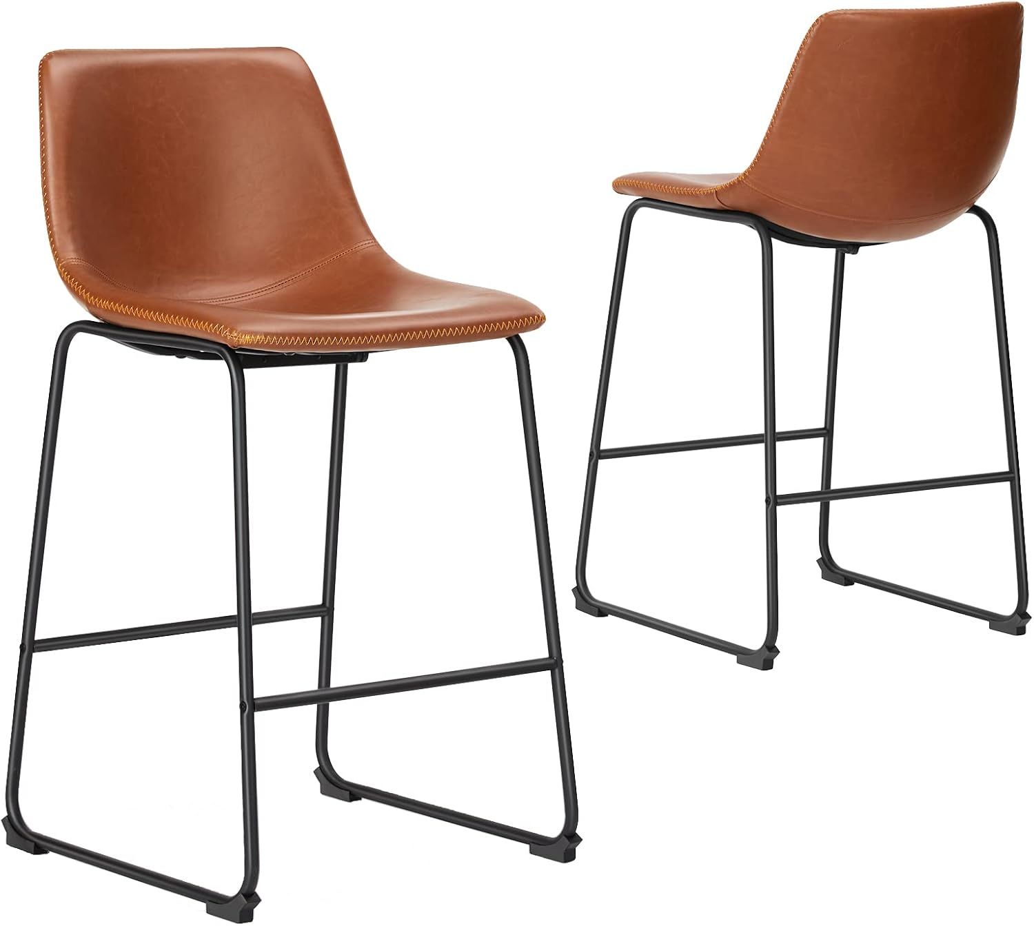 Whiskey Brown 26" Industrial Faux Leather Bar Stools with Metal Legs, Set of 2